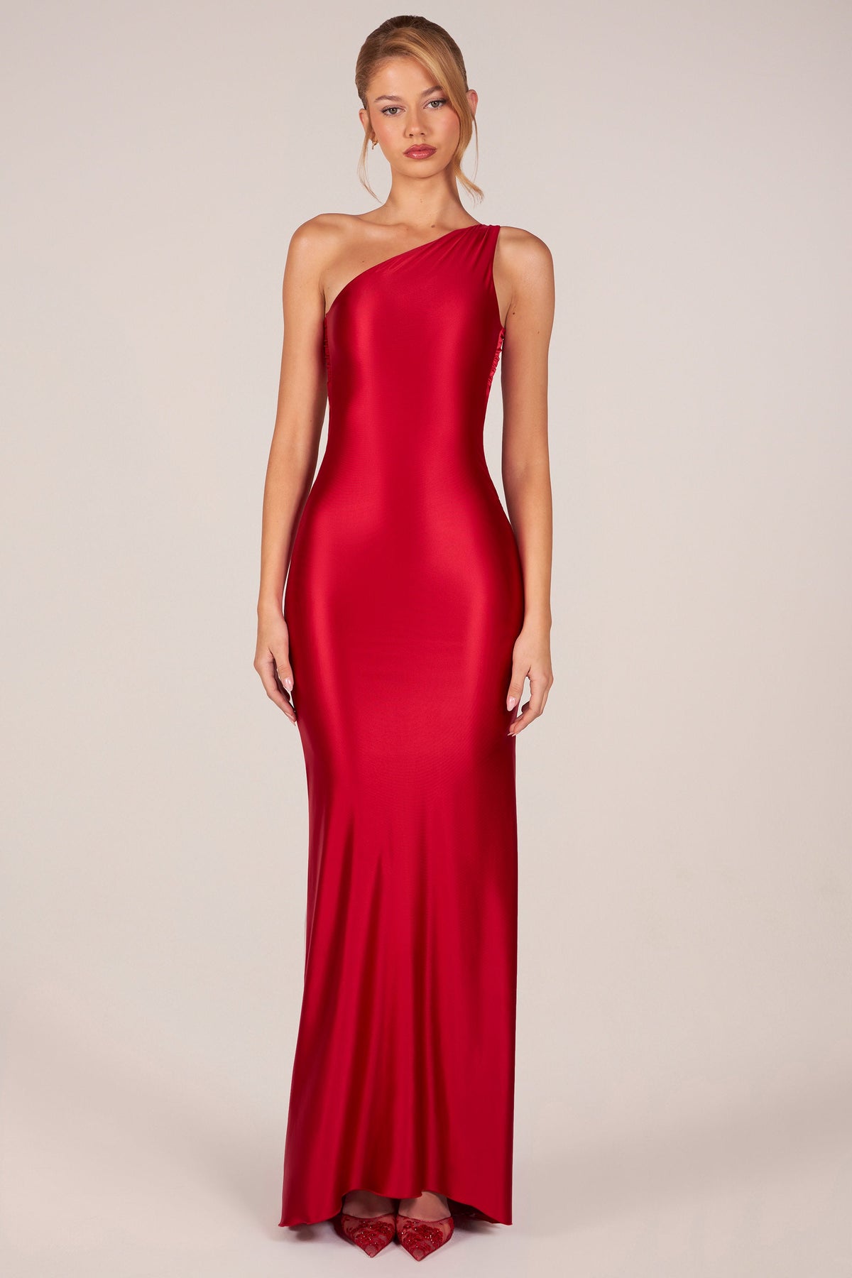 Belavie Adeline Asymmetric Tie-Back Gown in Cherry