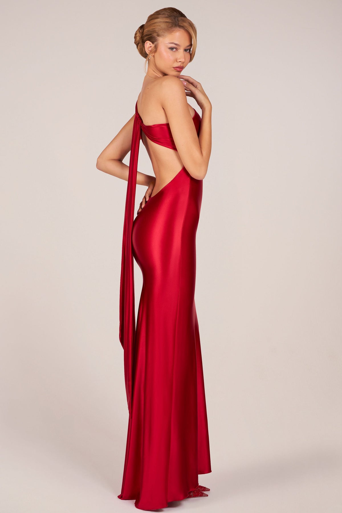 Belavie Adeline Asymmetric Tie-Back Gown in Cherry