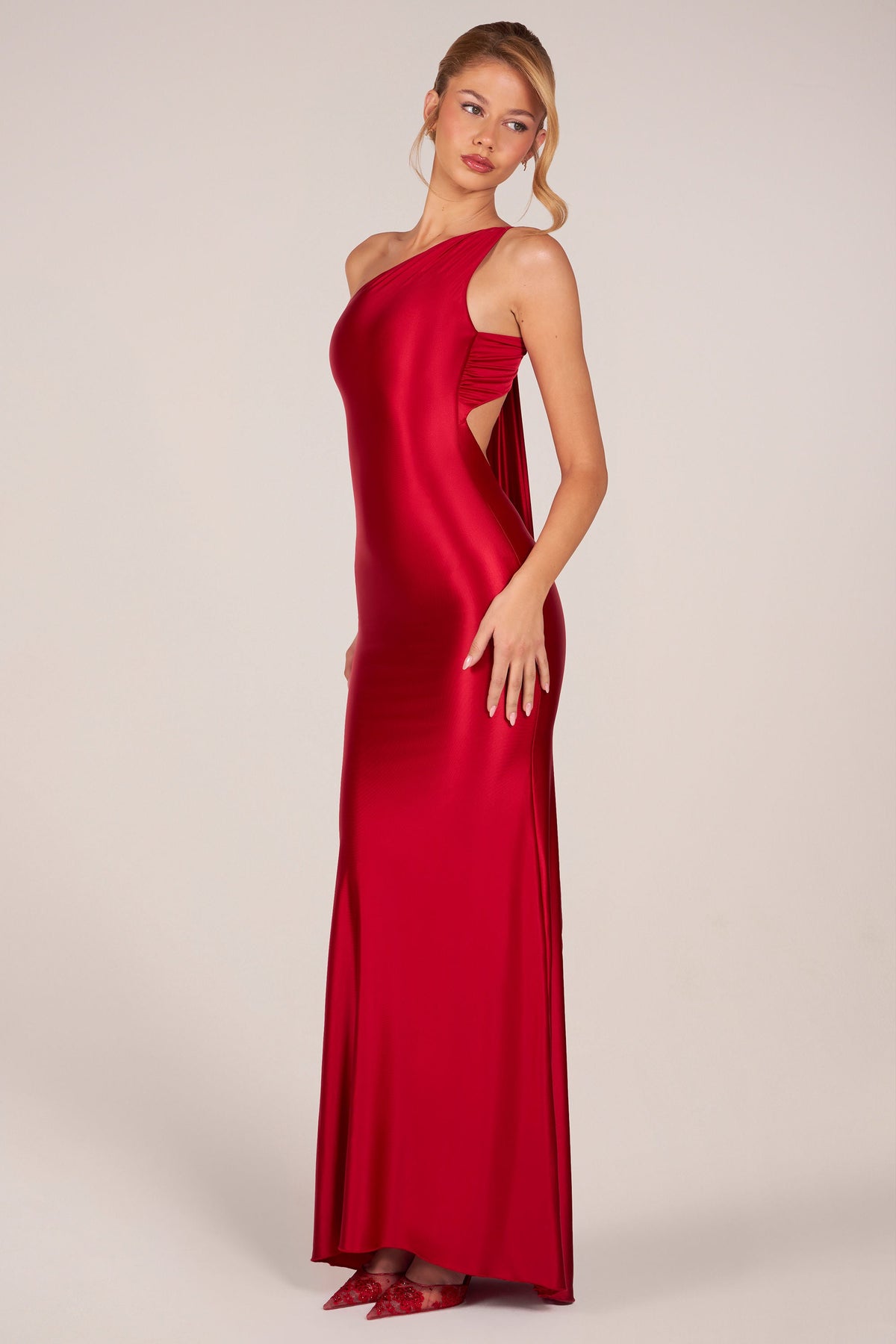 Belavie Adeline Asymmetric Tie-Back Gown in Cherry