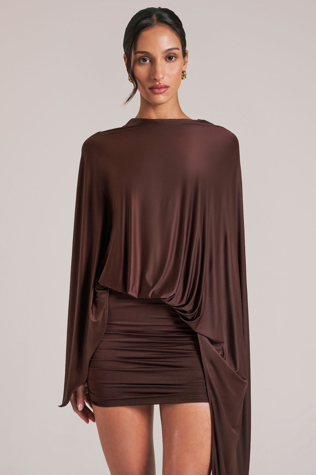 Belavie Draped Cape Mini Dress in Chocolate Brown