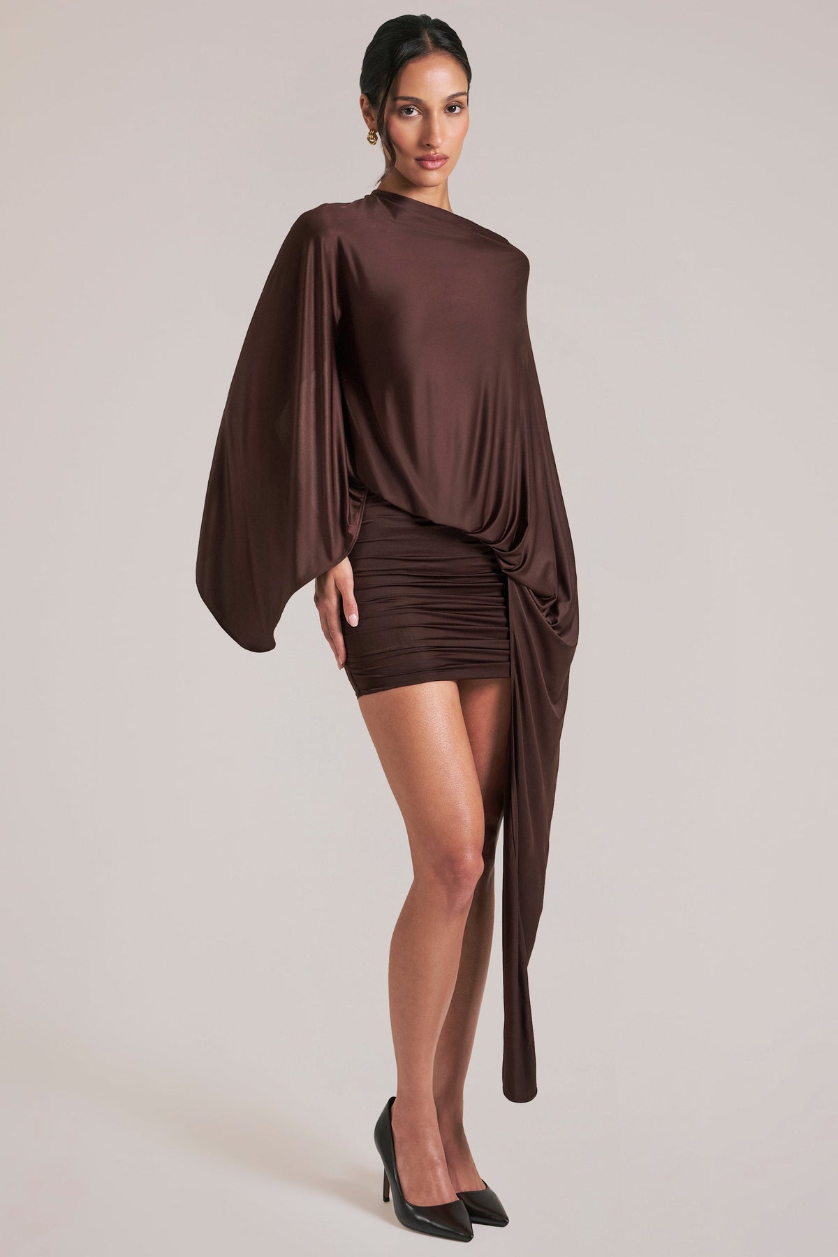 Belavie Draped Cape Mini Dress in Chocolate Brown