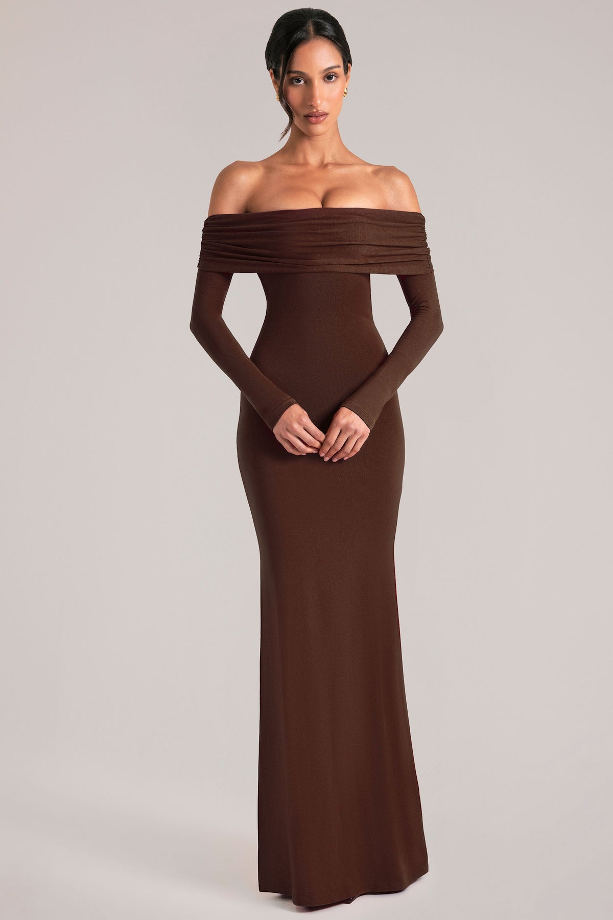 Belavie Off-Shoulder Long-Sleeve Maxi Dress in Chocolate Brown