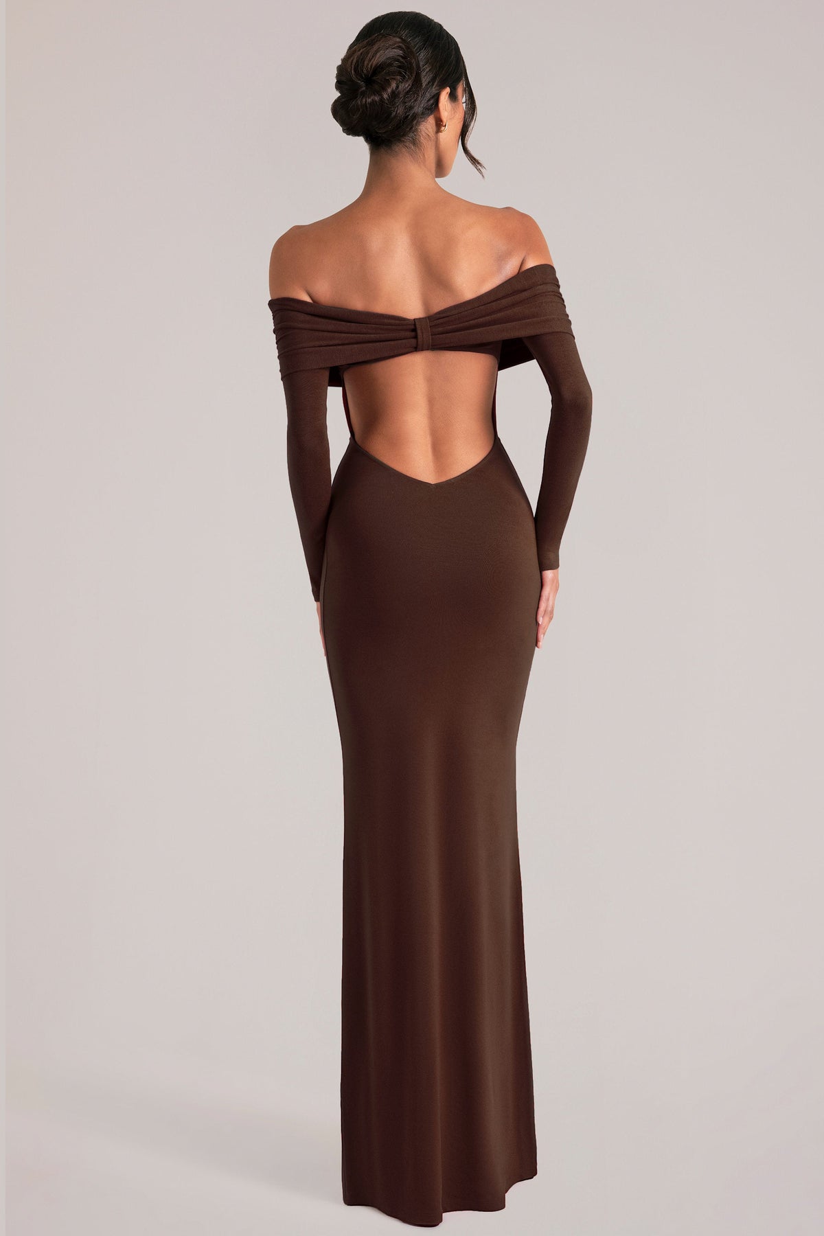 Belavie Off-Shoulder Long-Sleeve Maxi Dress in Chocolate Brown