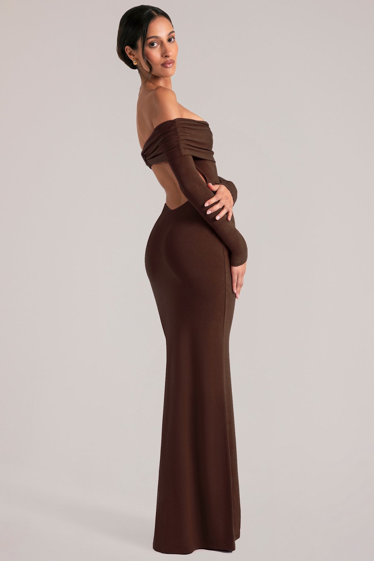 Belavie Off-Shoulder Long-Sleeve Maxi Dress in Chocolate Brown