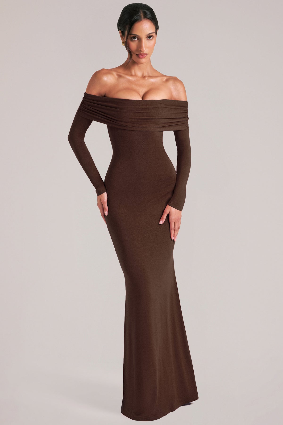 Belavie Off-Shoulder Long-Sleeve Maxi Dress in Chocolate Brown