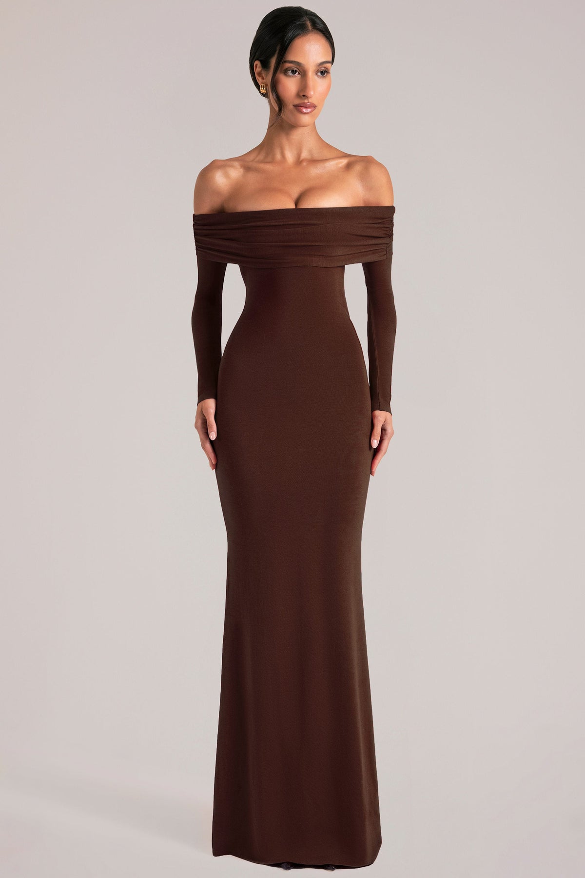 Belavie Off-Shoulder Long-Sleeve Maxi Dress in Chocolate Brown