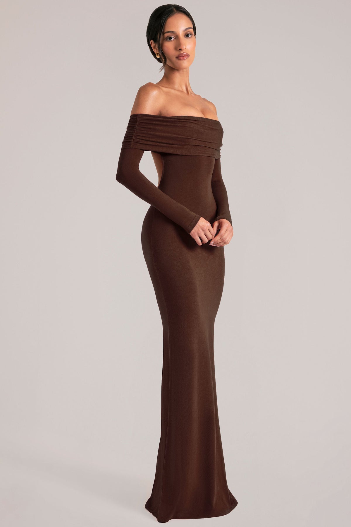 Belavie Off-Shoulder Long-Sleeve Maxi Dress in Chocolate Brown