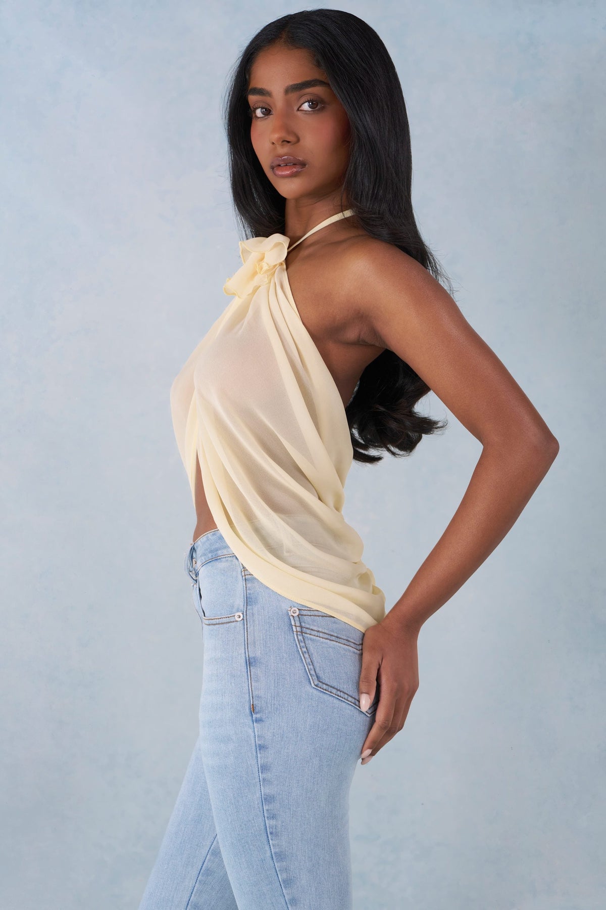Belavie Virella Halterneck Open-Front Top in Butter Yellow
