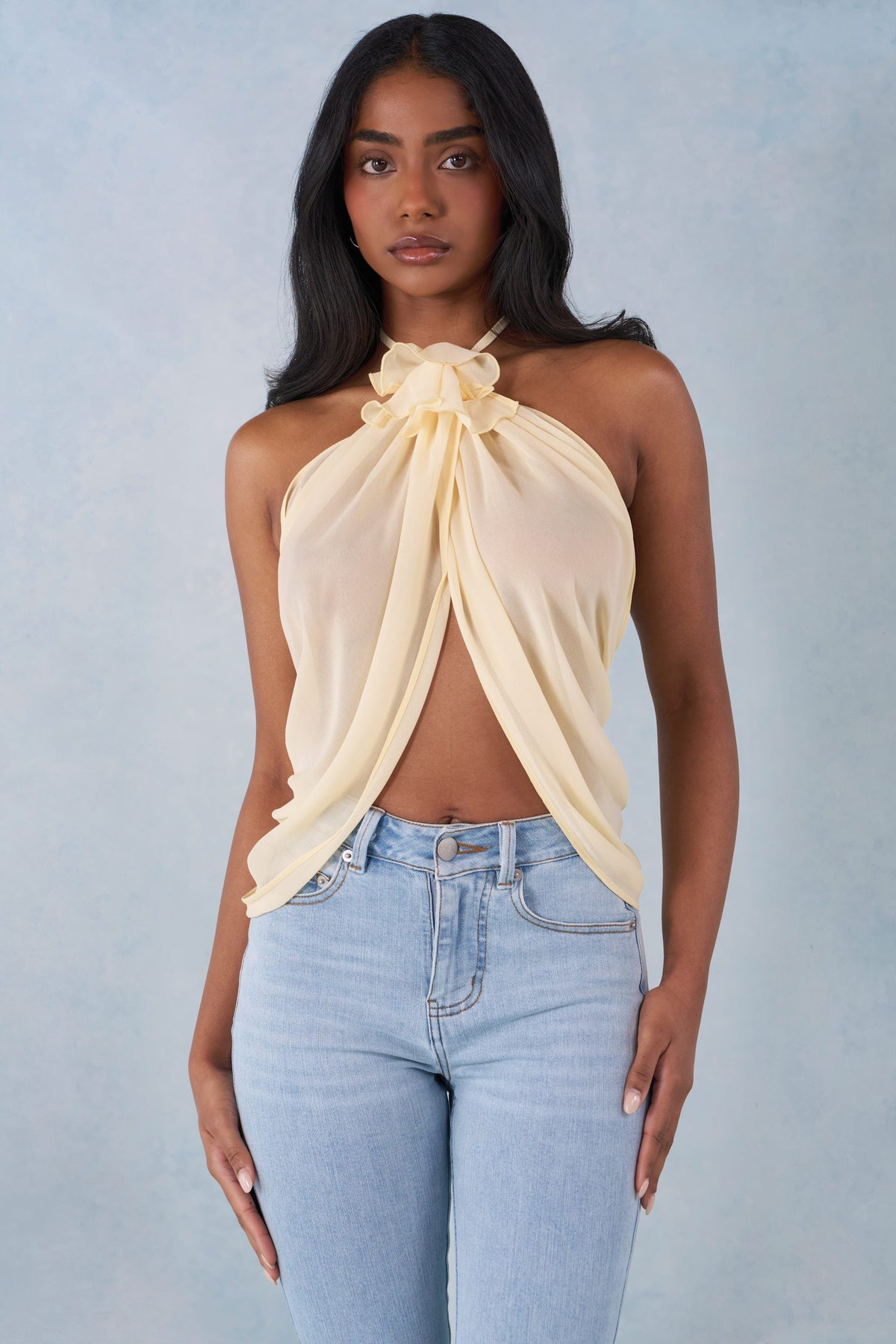 Belavie Virella Halterneck Open-Front Top in Butter Yellow
