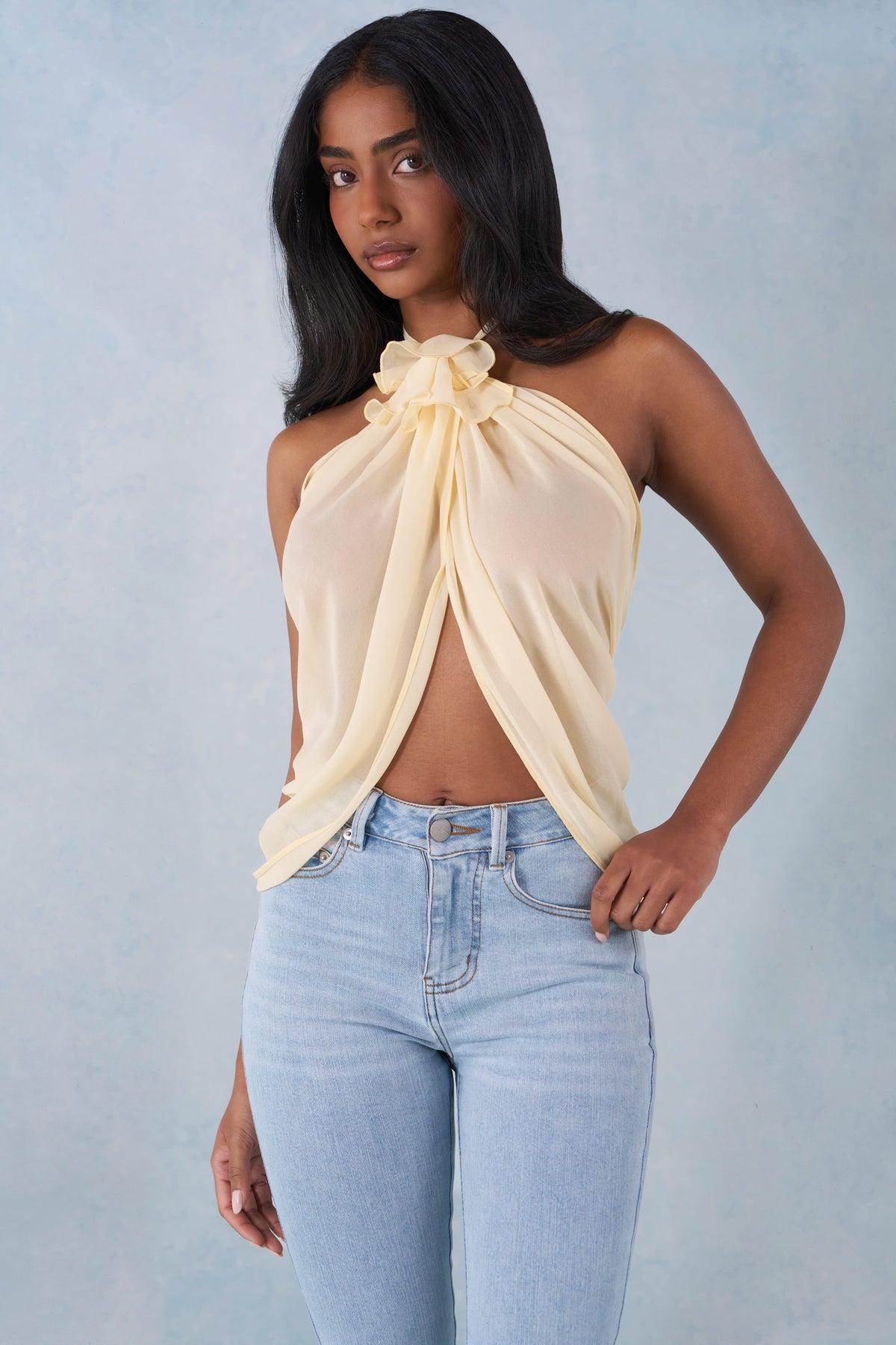 Belavie Virella Halterneck Open-Front Top in Butter Yellow