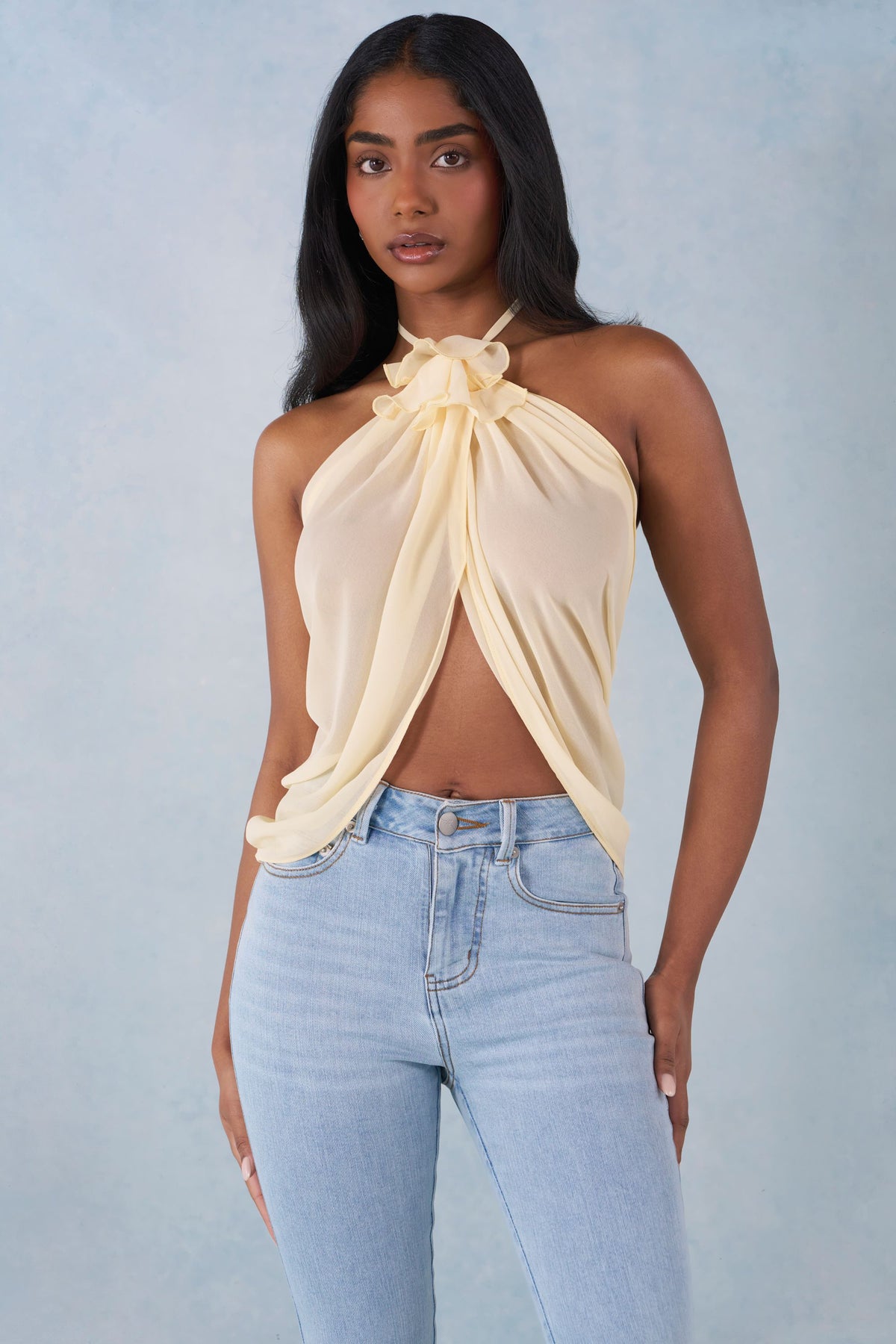 Belavie Virella Halterneck Open-Front Top in Butter Yellow