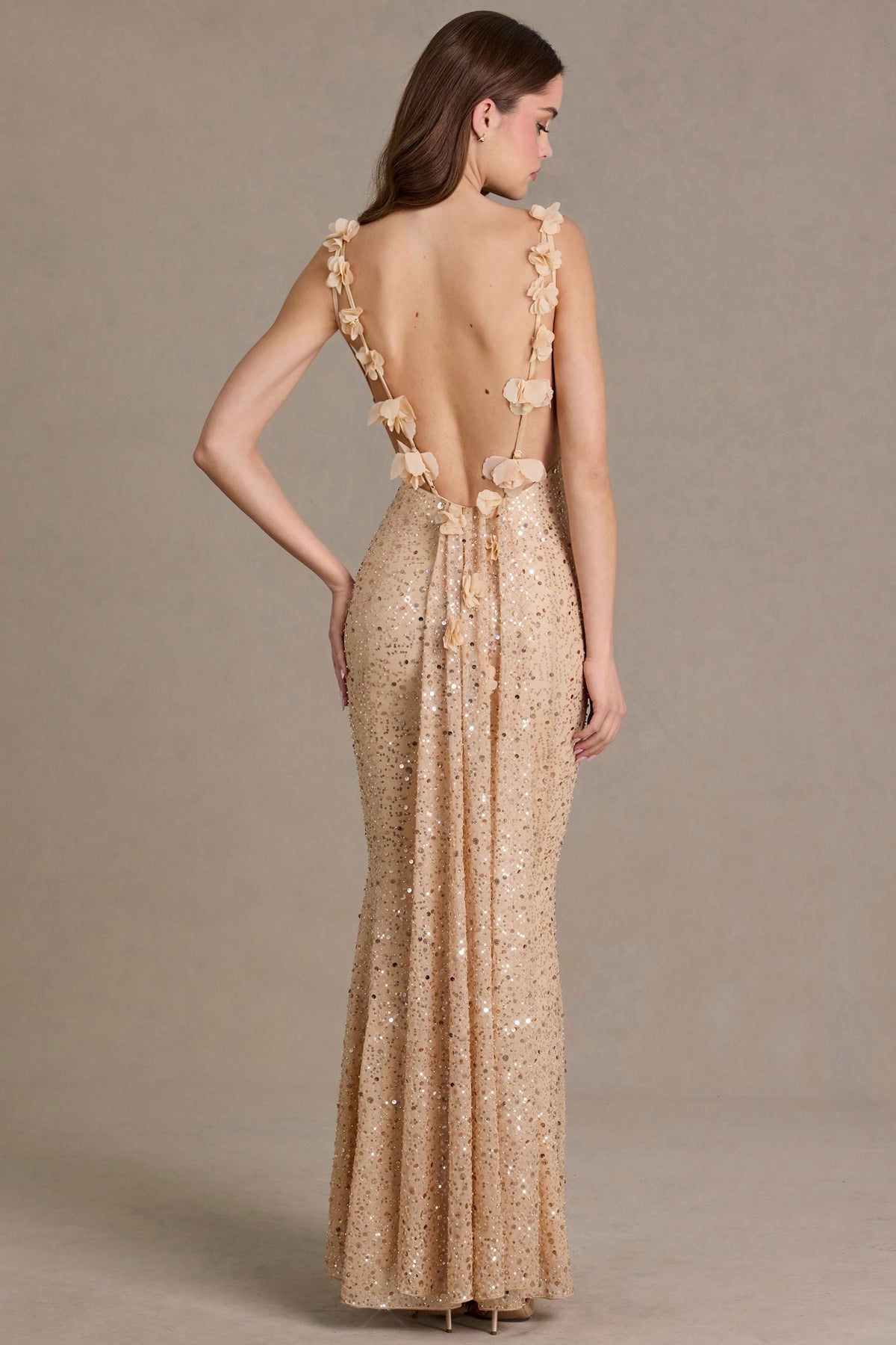 Belavie Embellished Open-Back Maxi Dress in Gold
