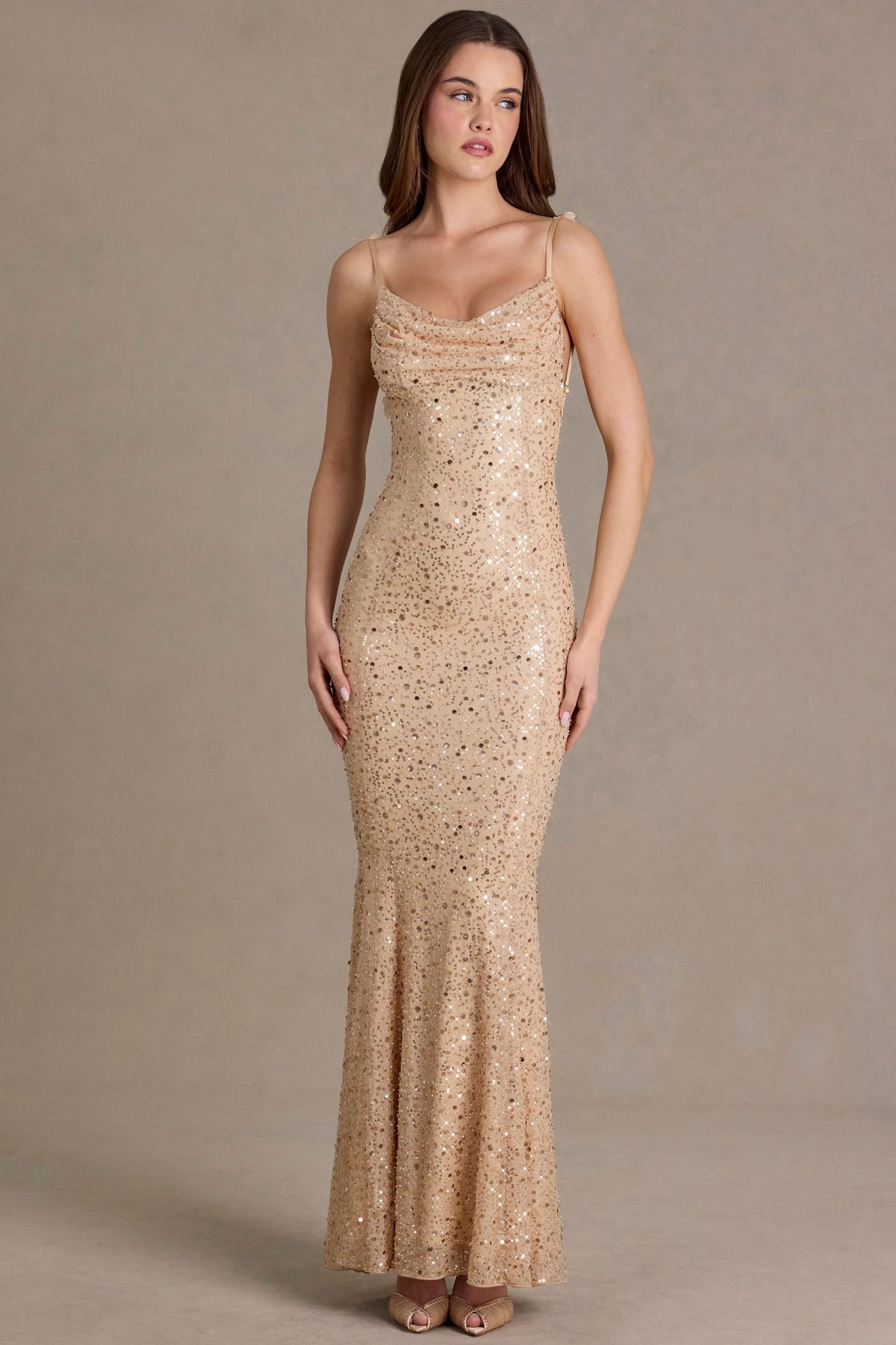 Belavie Embellished Open-Back Maxi Dress in Gold