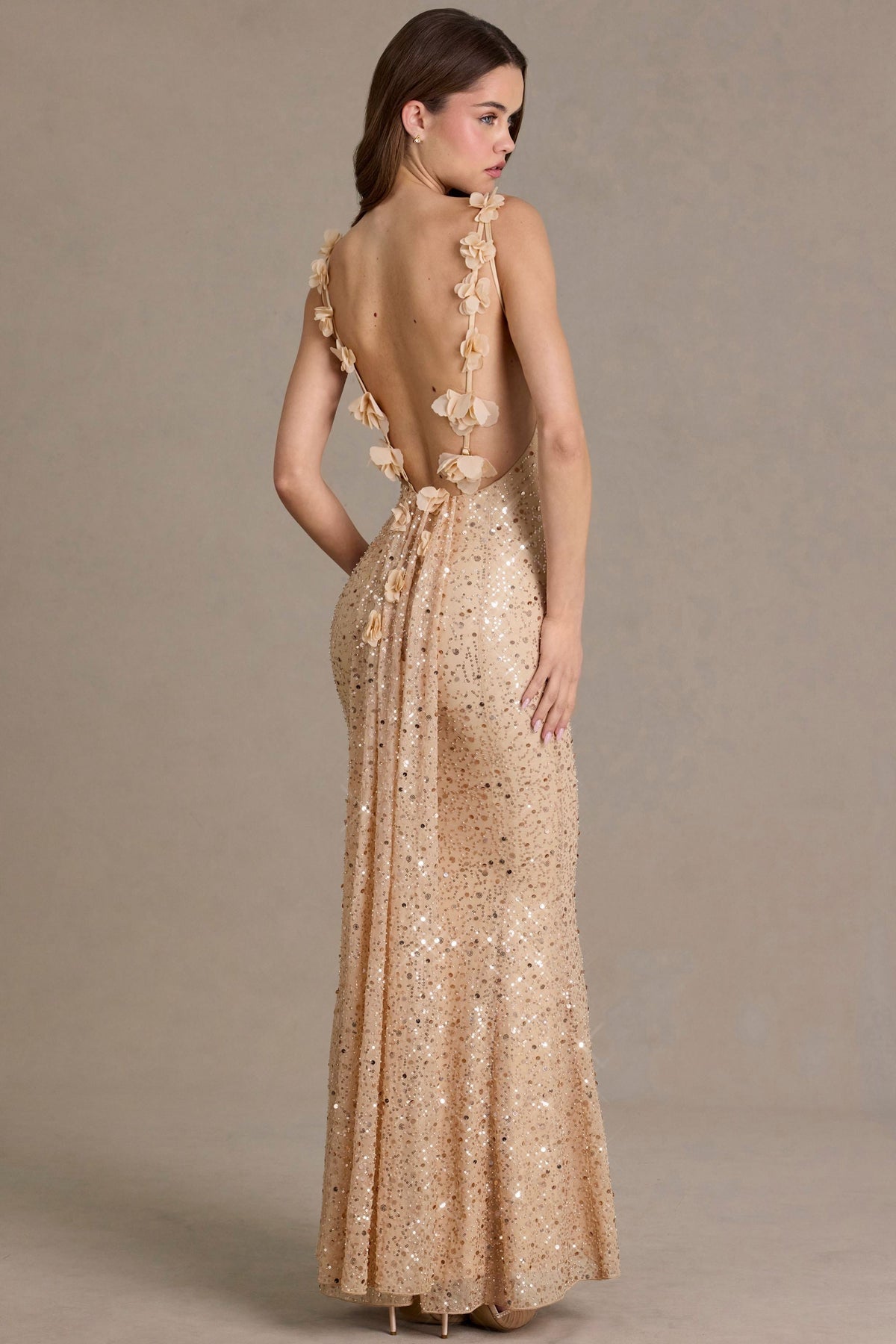 Belavie Embellished Open-Back Maxi Dress in Gold