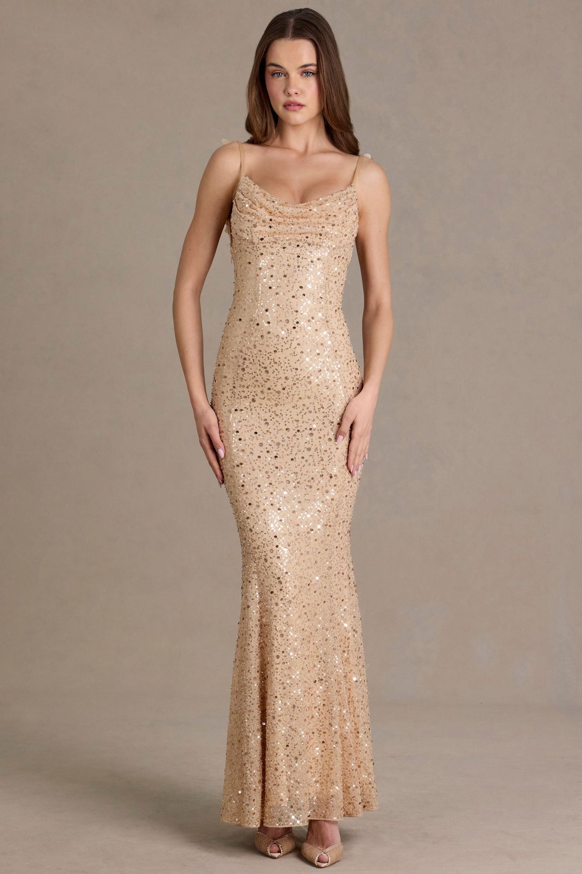 Belavie Embellished Open-Back Maxi Dress in Gold