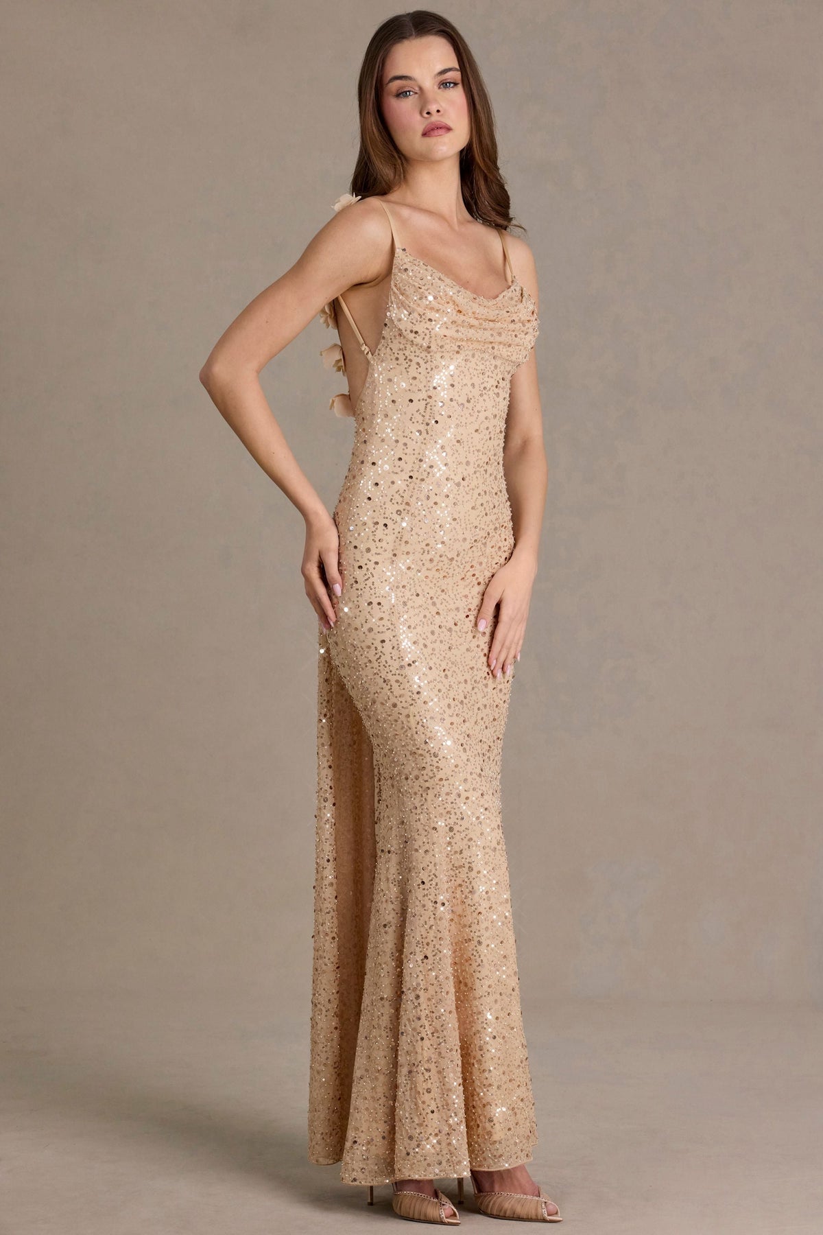 Belavie Embellished Open-Back Maxi Dress in Gold