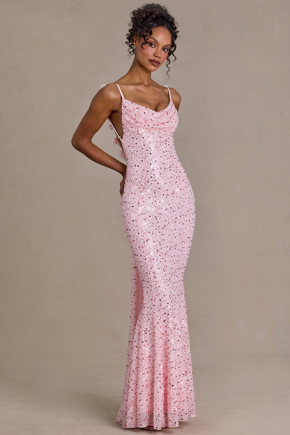 Belavie Embellished Open-Back Maxi Dress in Baby Pink