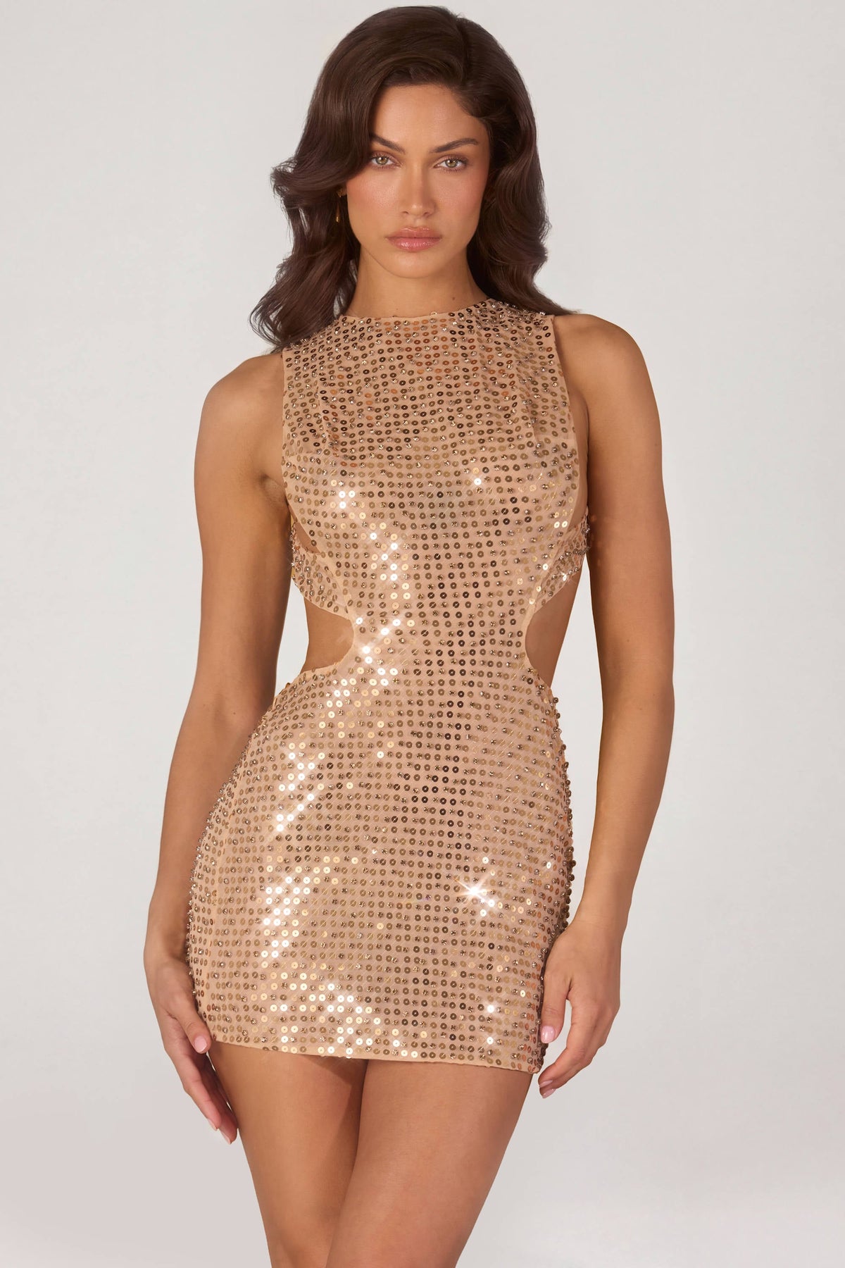 Belavie Embellished High-Neck Mini Dress in Gold