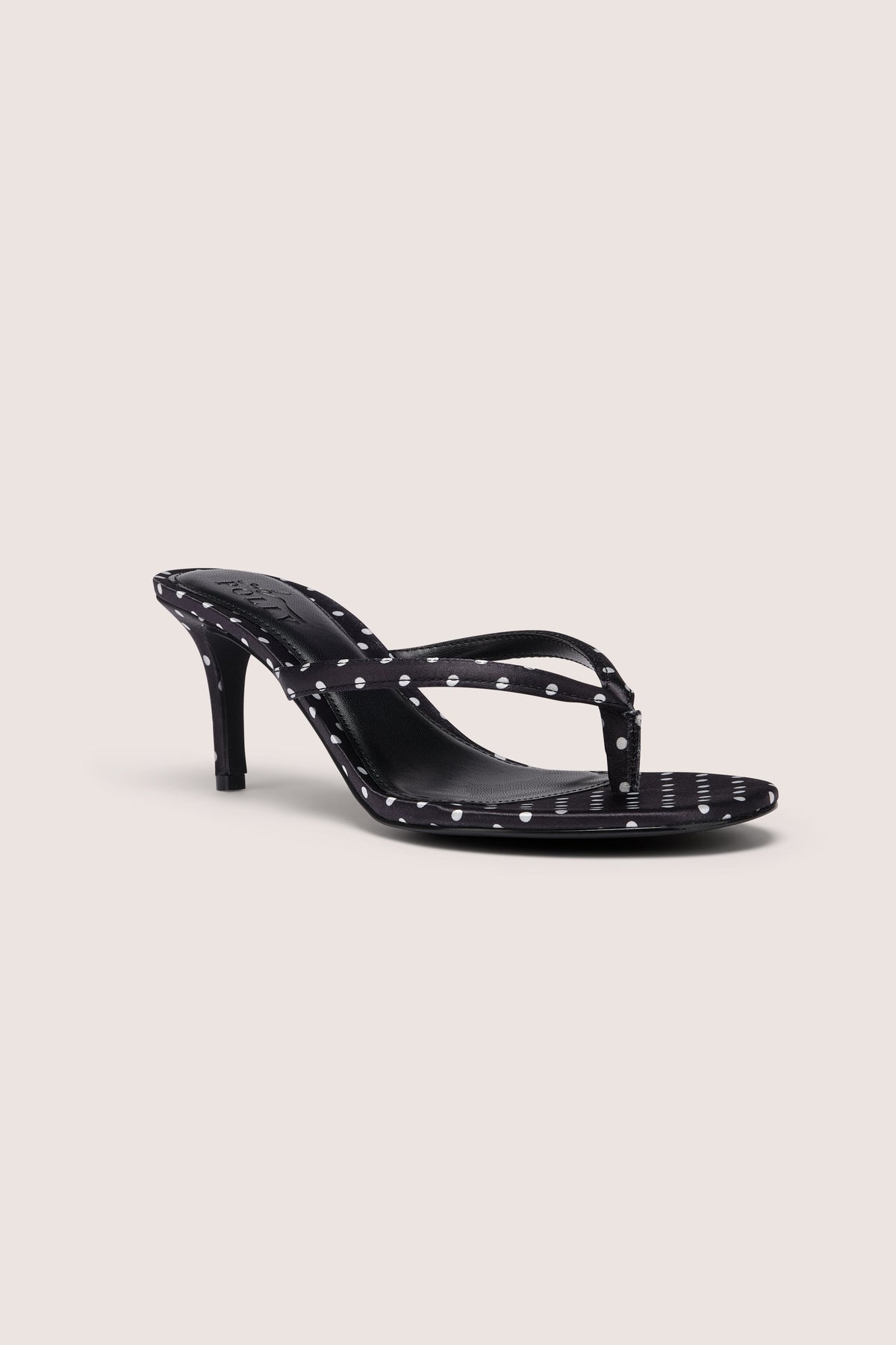 Belavie Nollen Satin Heeled Thong Sandal in Black Polka Dot