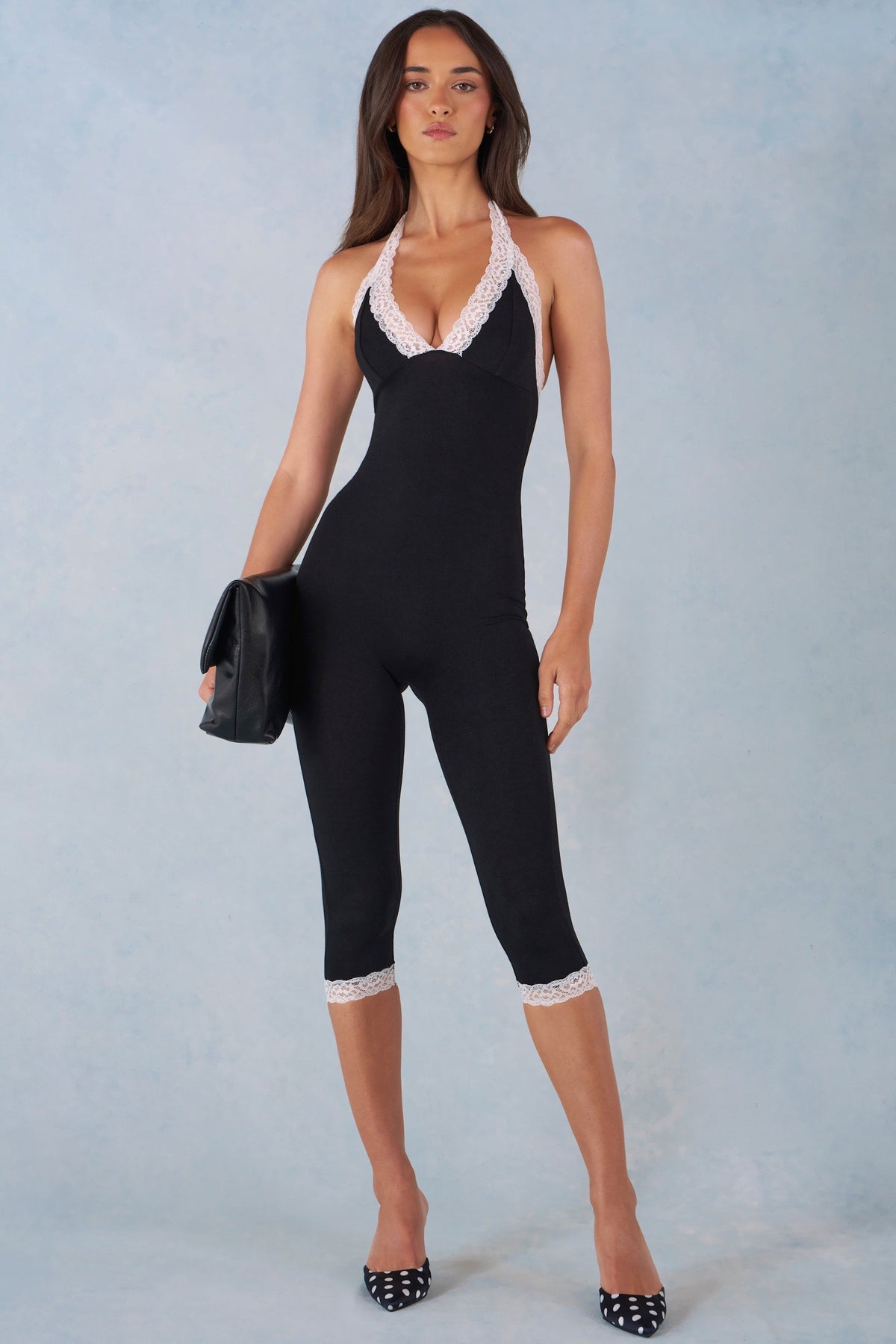 Belavie Modal Lace-Trim Capri Jumpsuit in Black