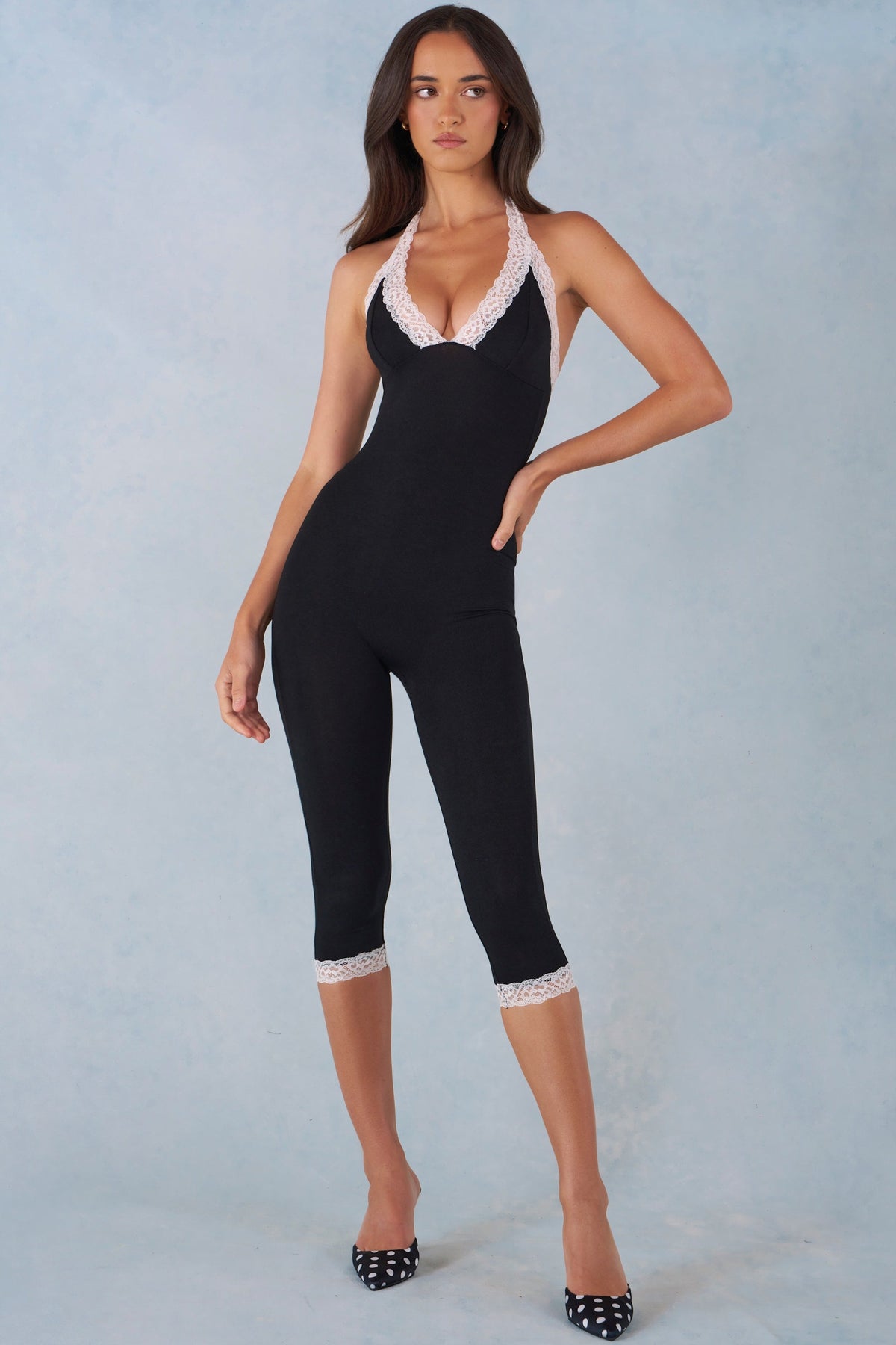 Belavie Modal Lace-Trim Capri Jumpsuit in Black
