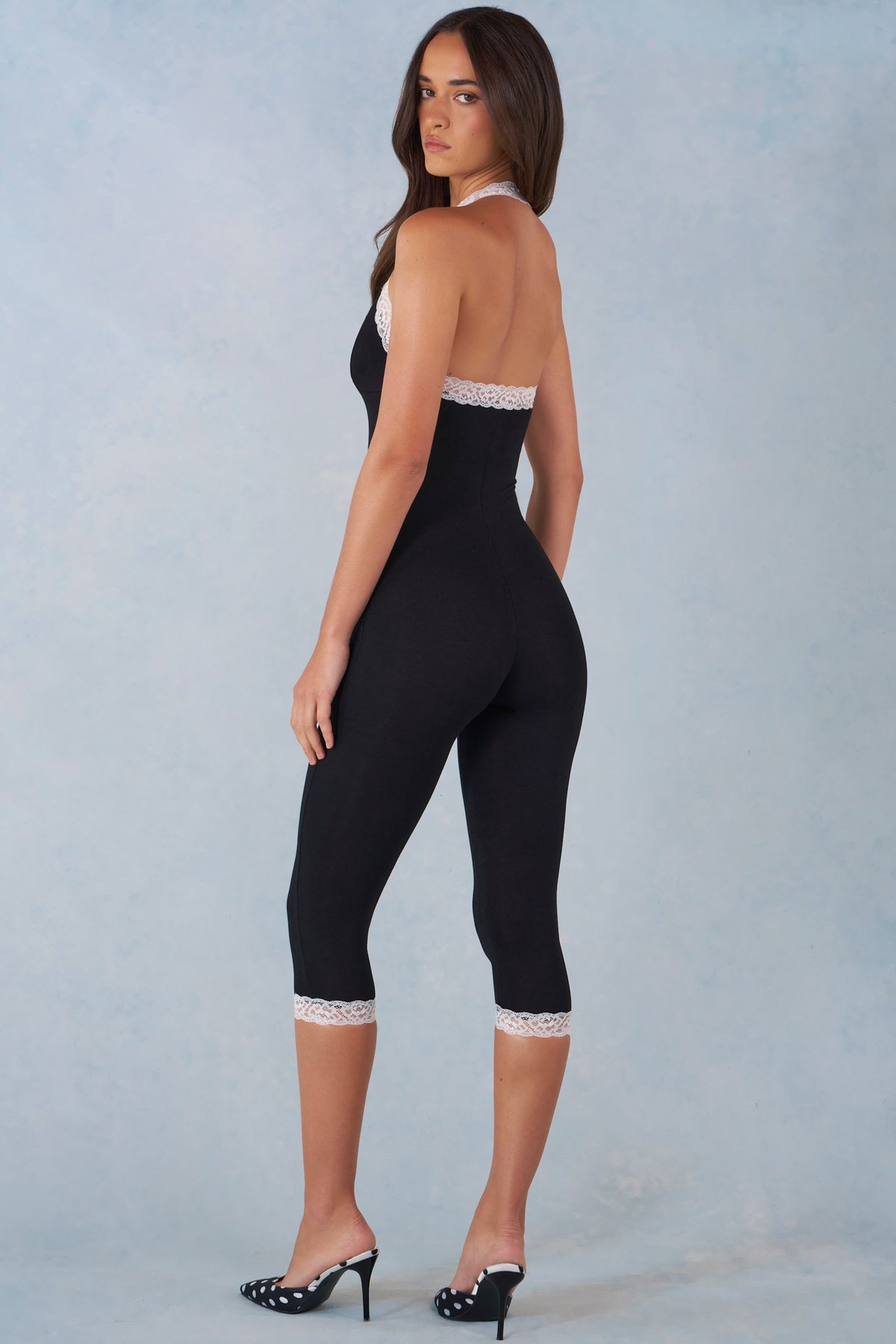 Belavie Modal Lace-Trim Capri Jumpsuit in Black