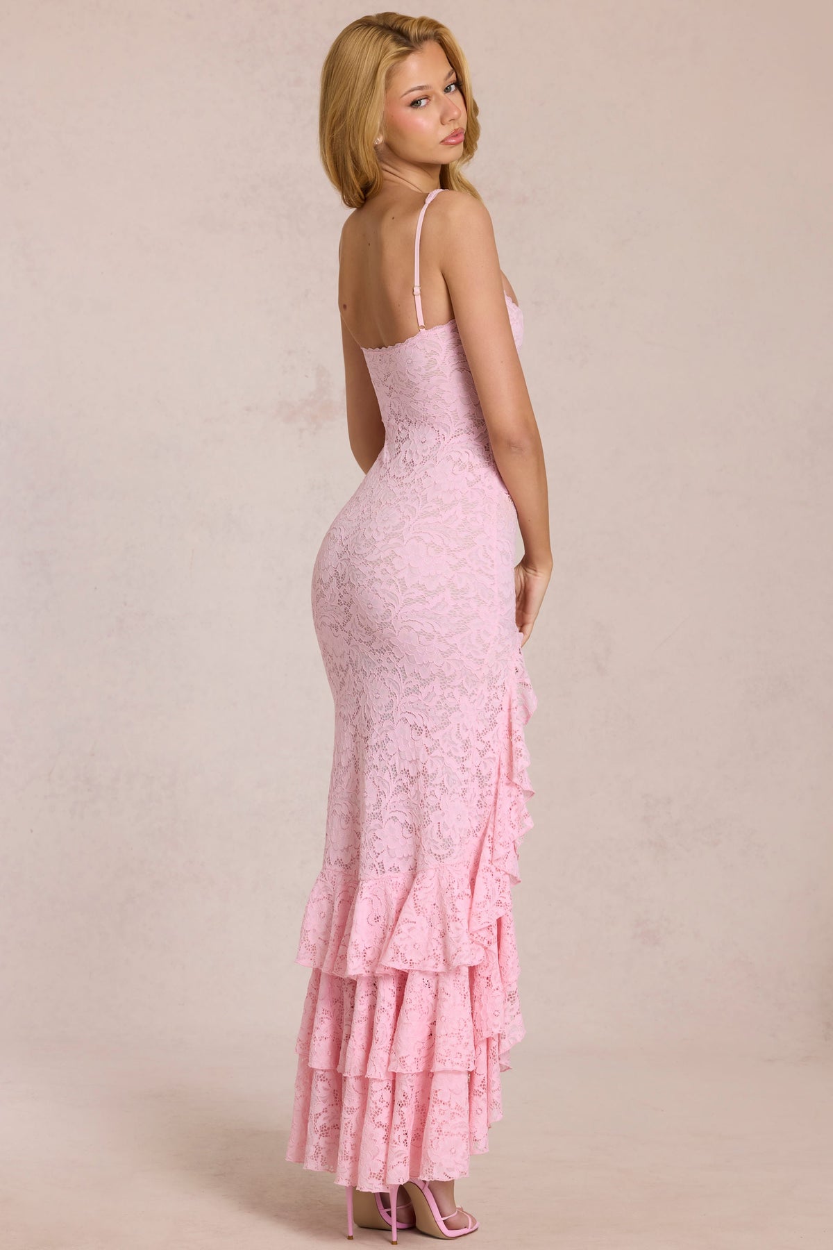 Belavie Celire Lace Ruffle Maxi Dress in Blossom Pink