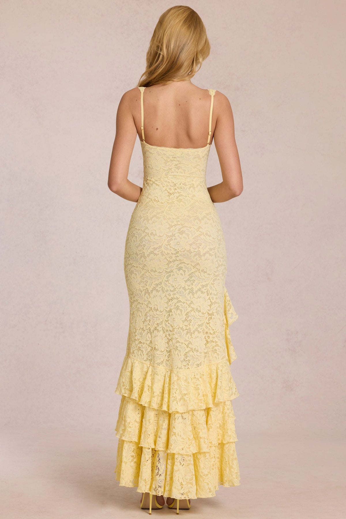 Belavie Celire Lace Ruffle Maxi Dress in Lemon Yellow