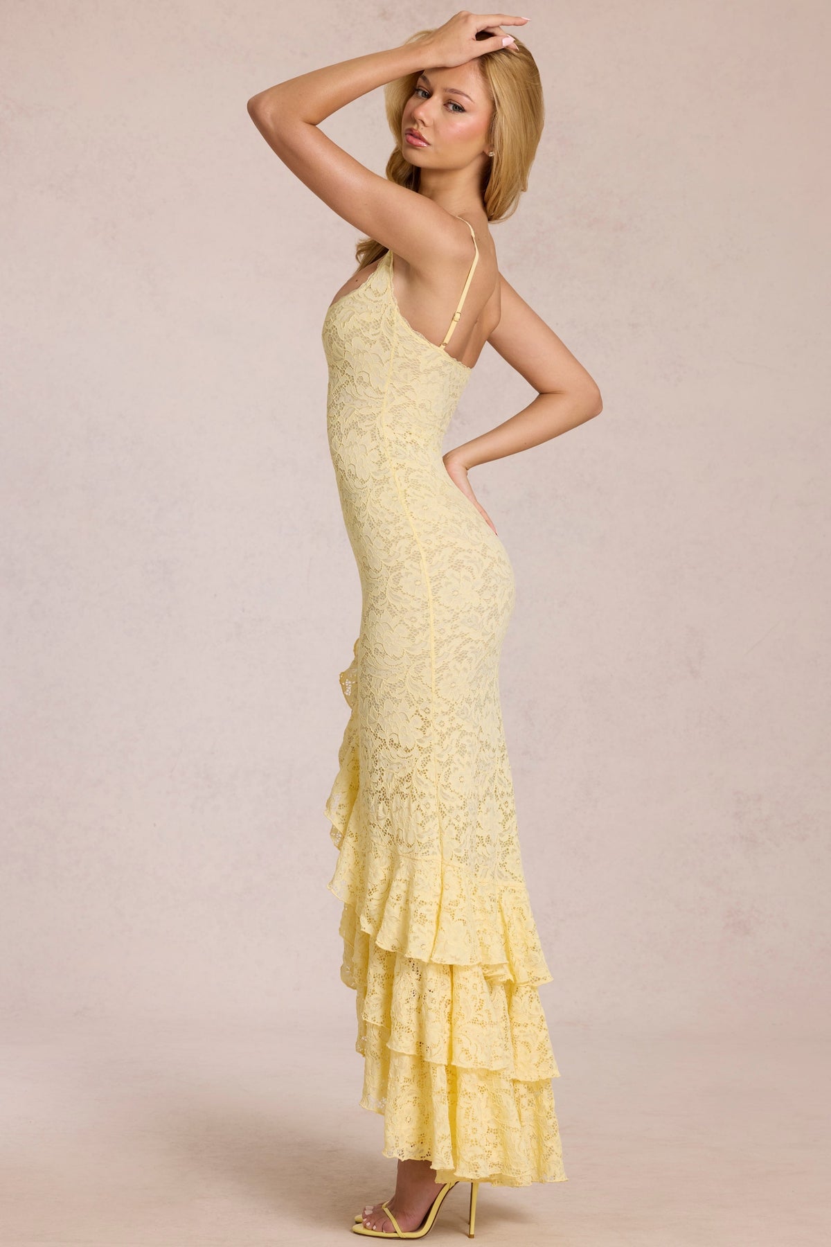 Belavie Celire Lace Ruffle Maxi Dress in Lemon Yellow