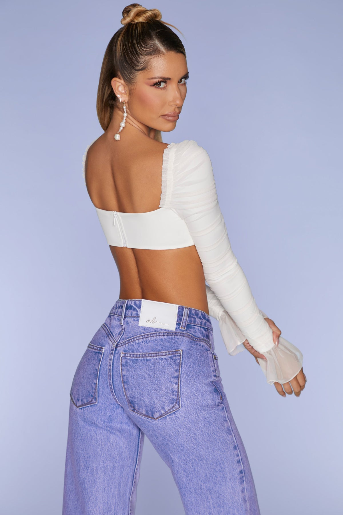Belavie Chamonex Long Sleeve Ruched Crop Top in Ivory