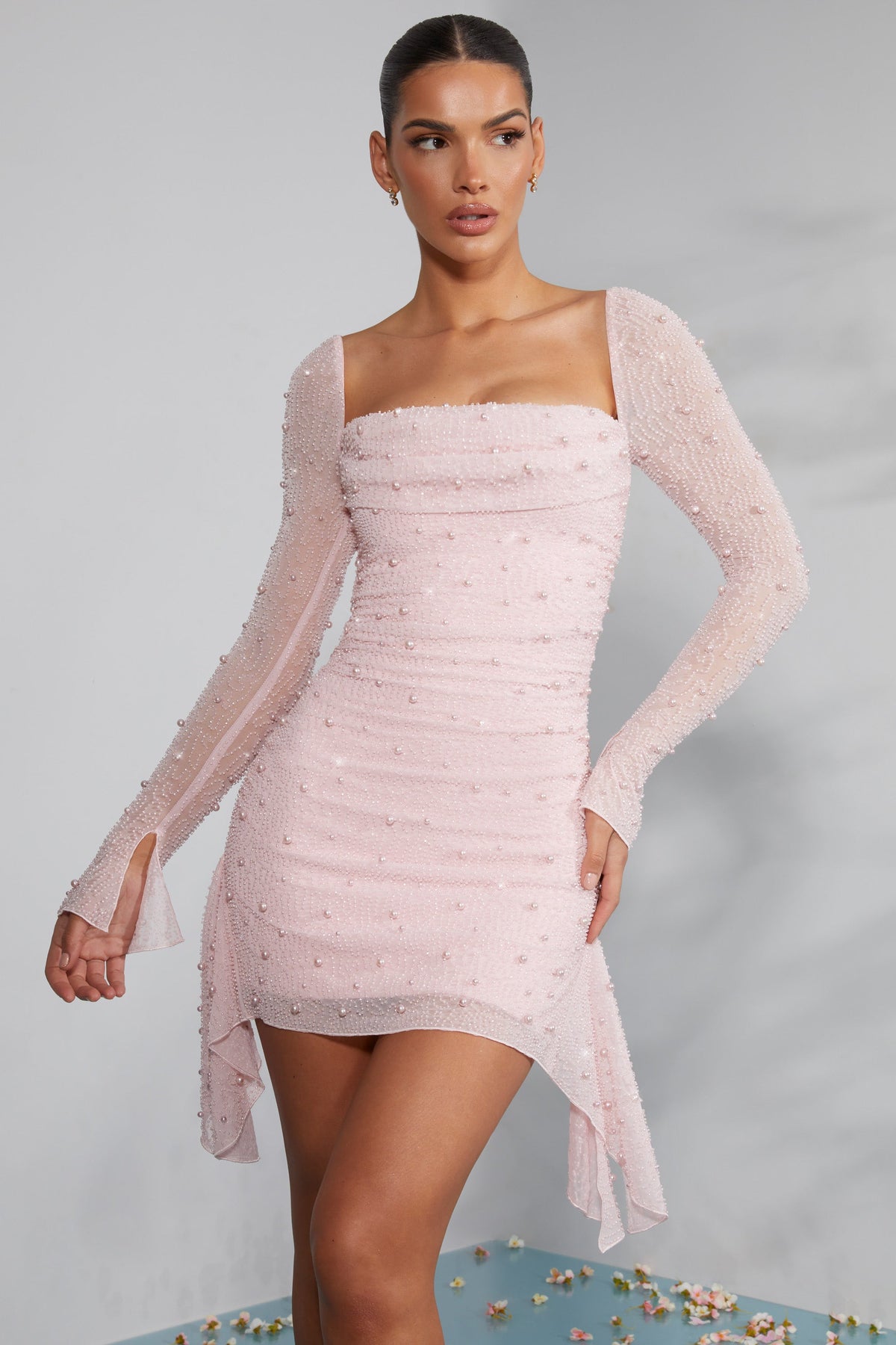 Belavie Tivole Long Sleeve Embellished Cowl Neck Mini Dress in Blush