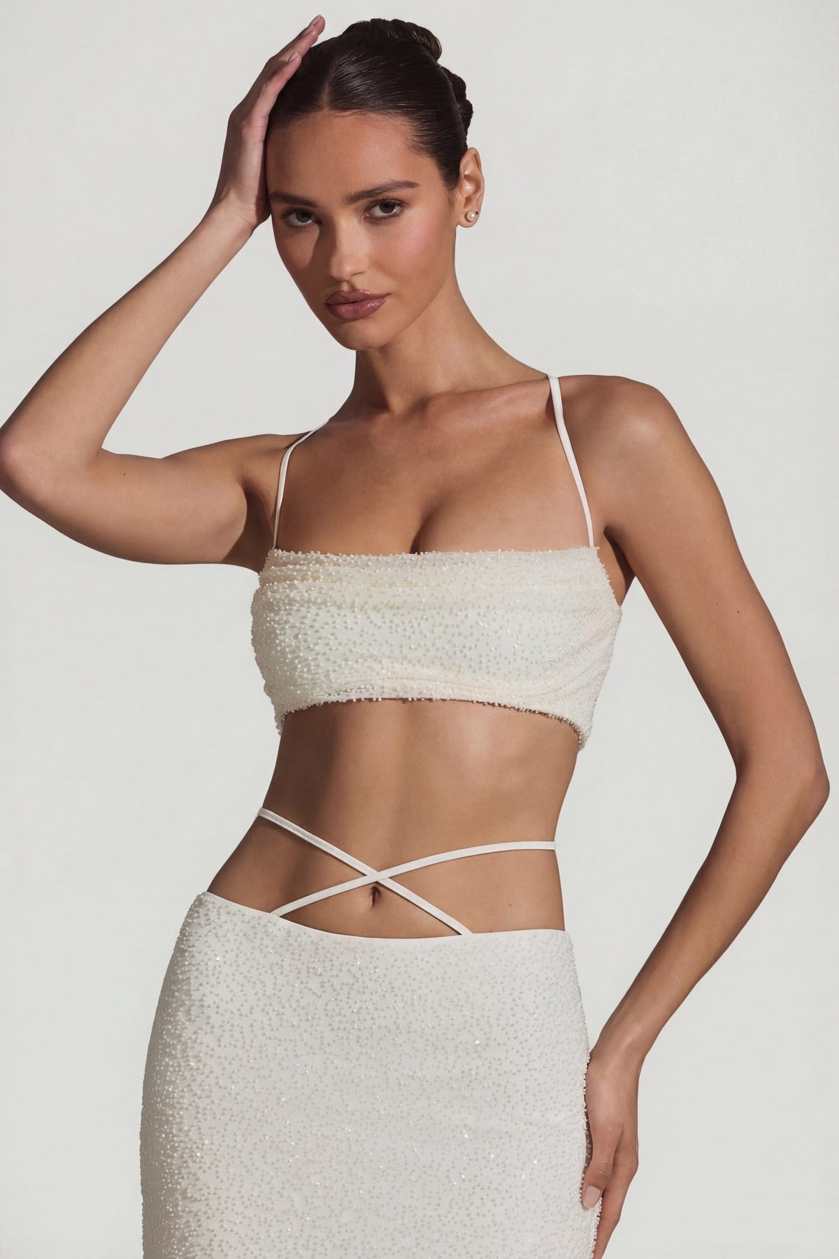 Belavie Pise Embellished Cross Back Crop Top in White