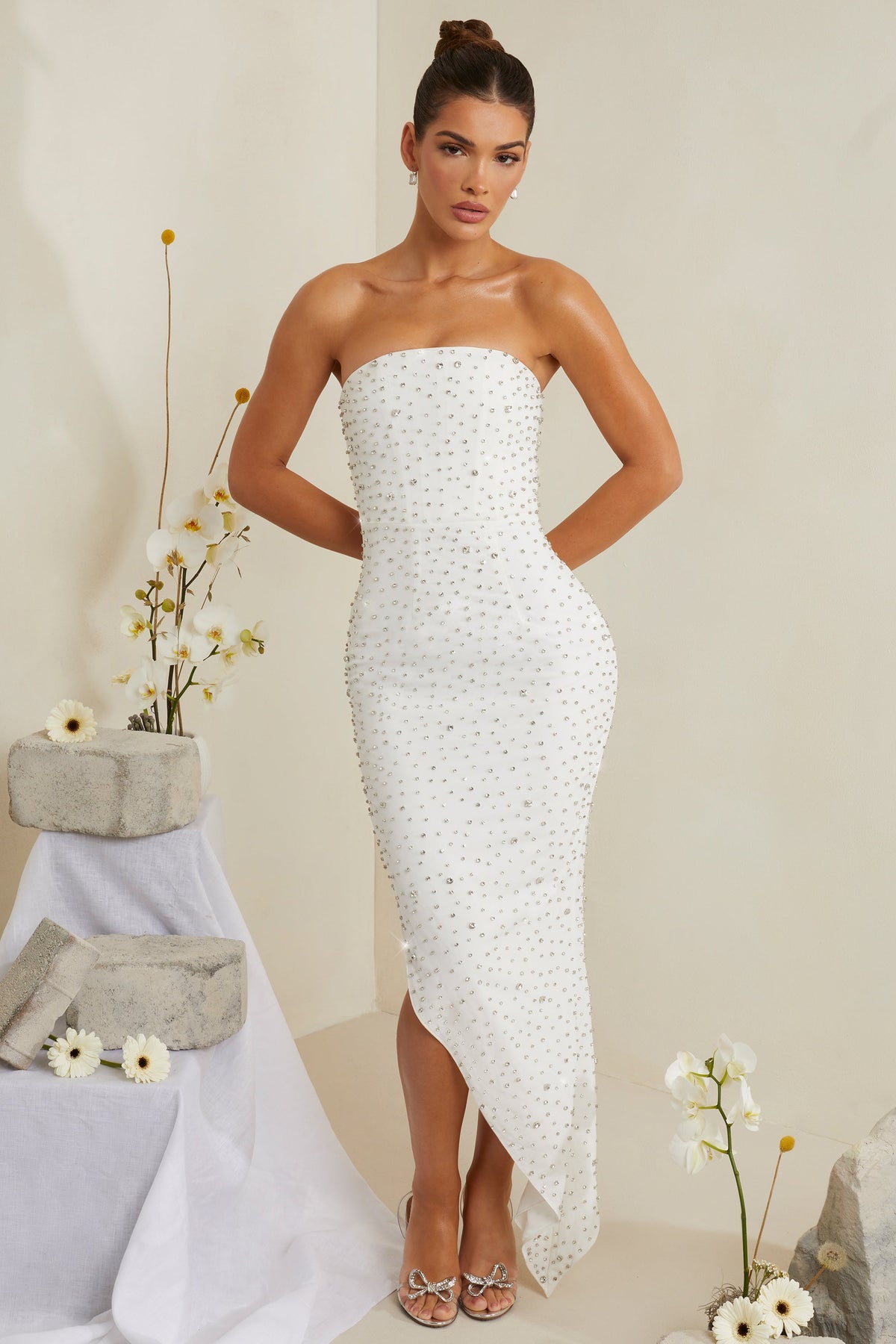 Belavie Vivice Hand Embellished Asymmetric Midi Dress in White