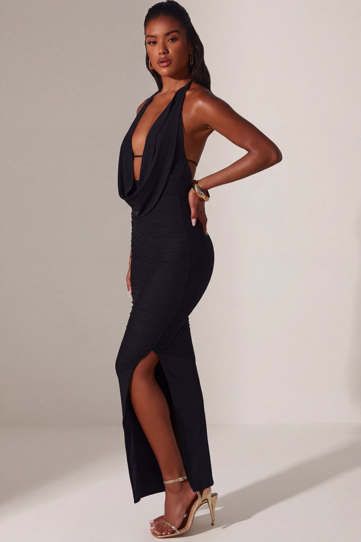 Belavie Maripose Plunge Cowl Neck Floor Length Dress in Black