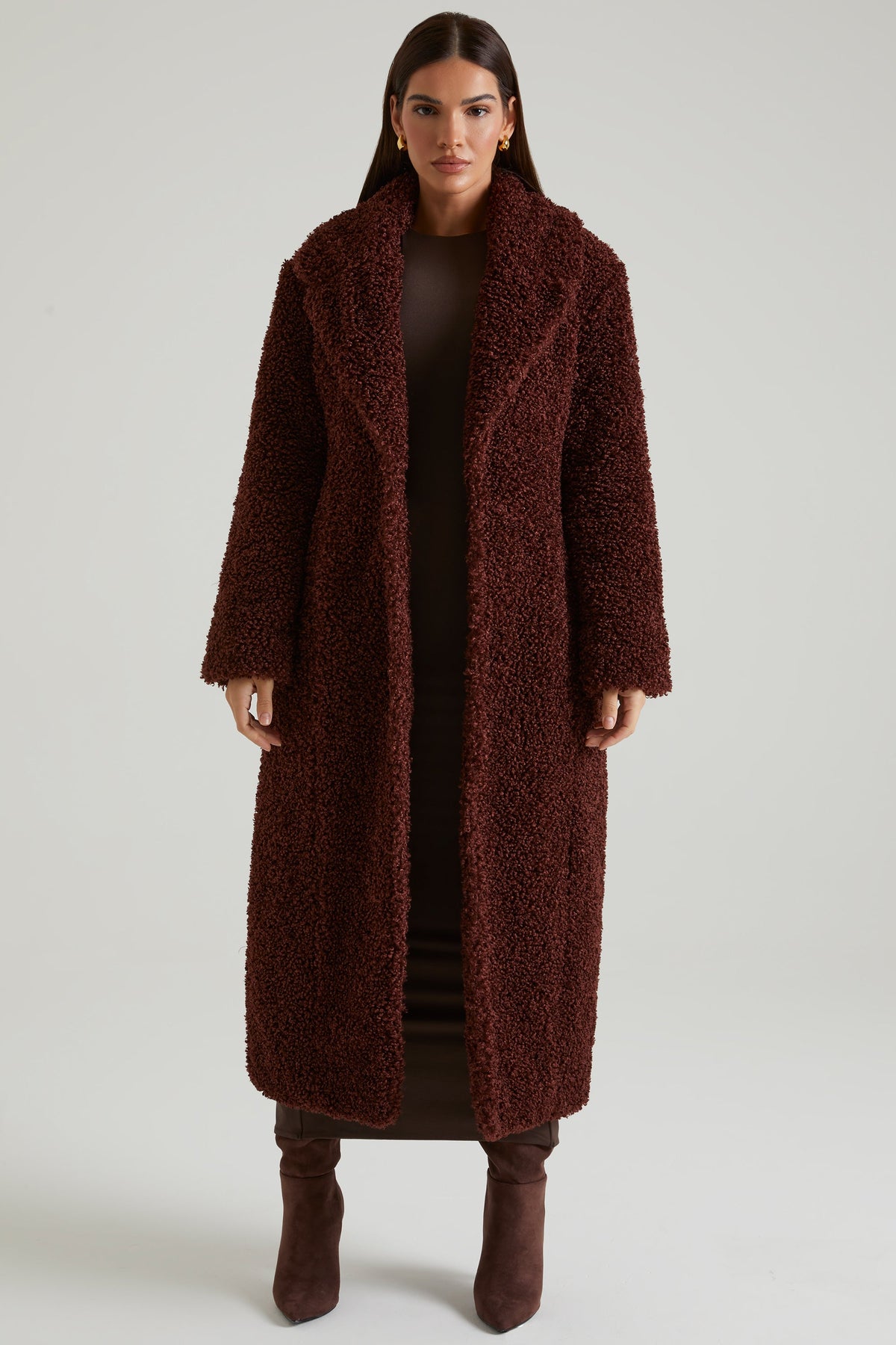 Belavie Alaske Long Shearling Coat in Brown