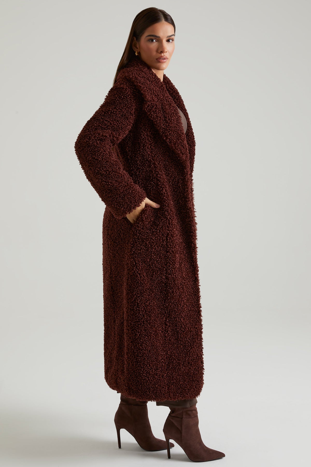 Belavie Alaske Long Shearling Coat in Brown