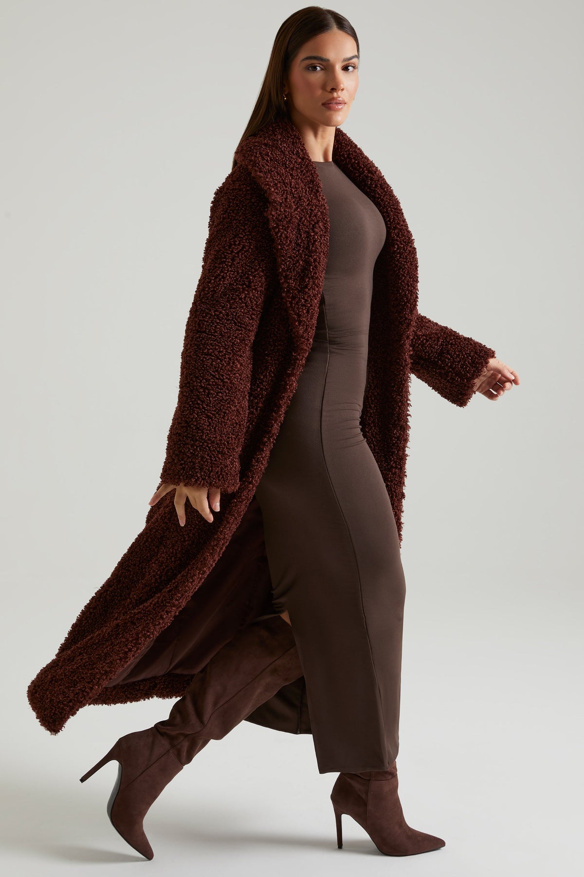 Belavie Alaske Long Shearling Coat in Brown