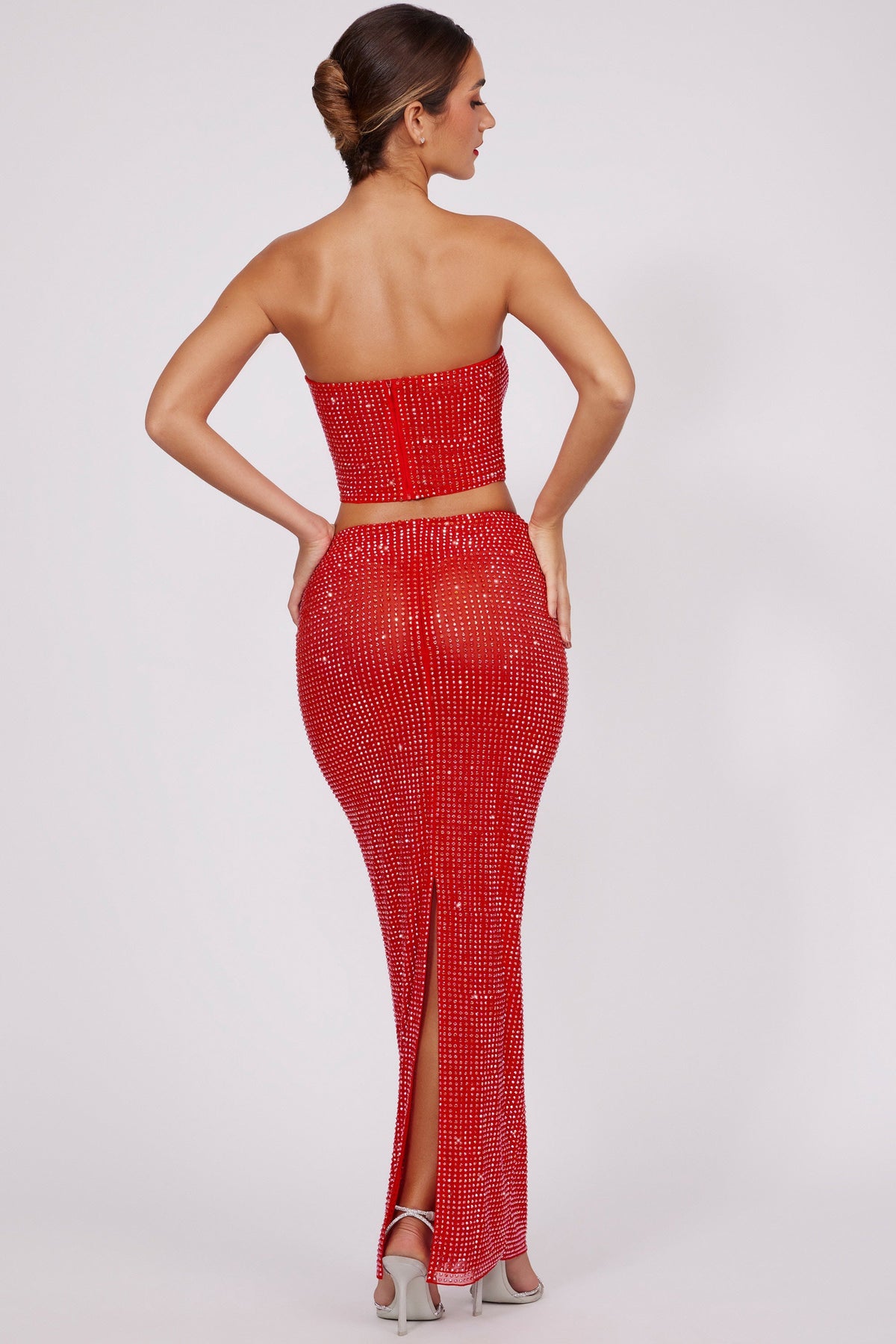 Belavie Fauste Embellished Mid Rise Maxi Skirt in Fire Red