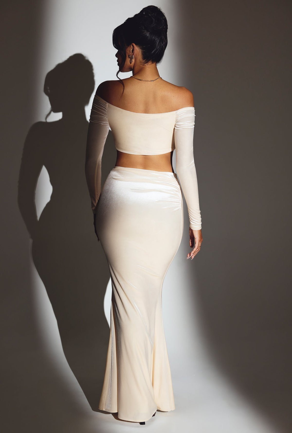 Belavie Adela Velvet Off-Shoulder Ruched Crop Top in Ivory