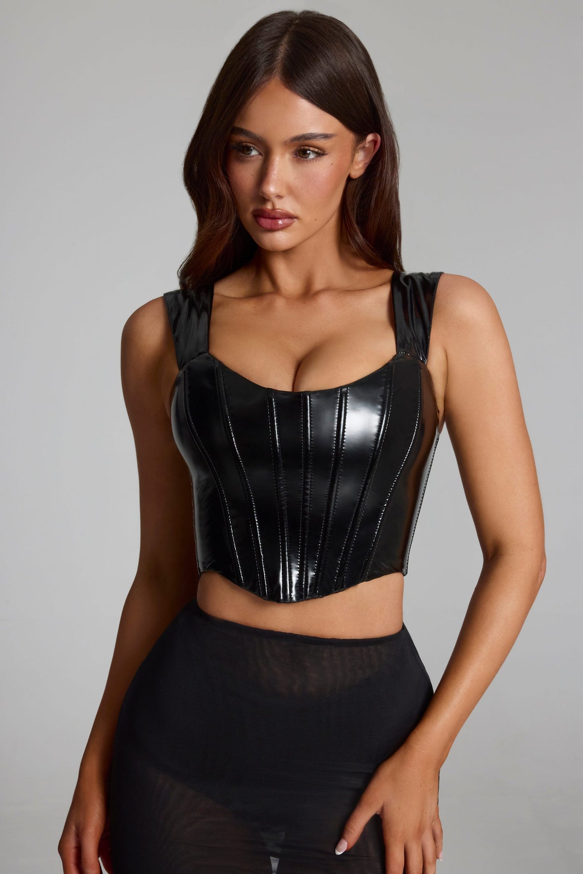 Belavie Lamiye Vinyl Lace-Up Corset Top in Black