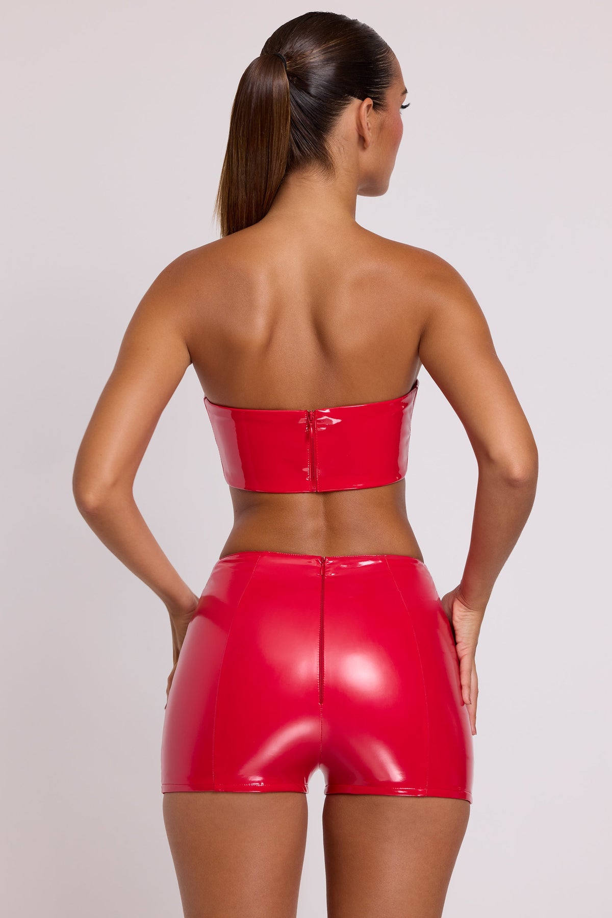 Belavie Delore Vinyl Angled Waist Mini Shorts in Fire Red