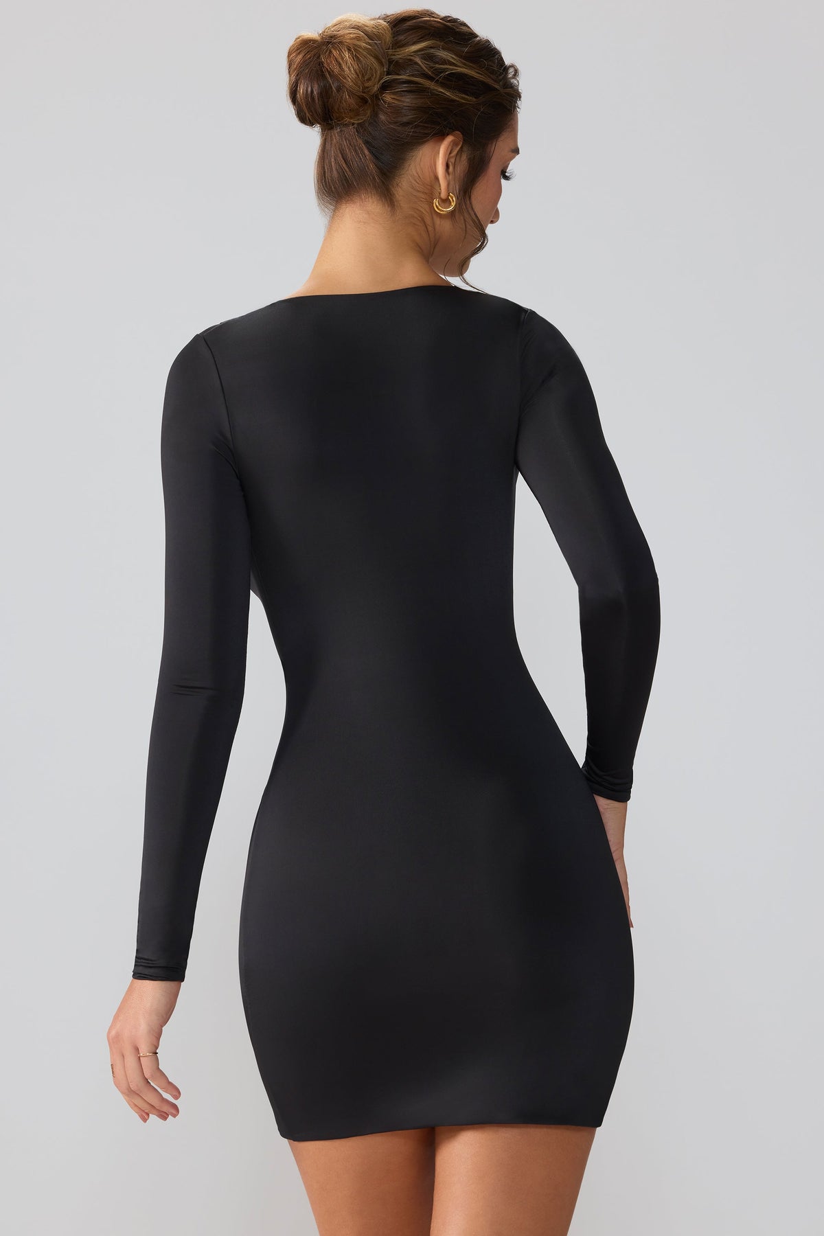 Belavie Oaklei Slinky Jersey Long Sleeve Plunge Neck Mini Dress in Black