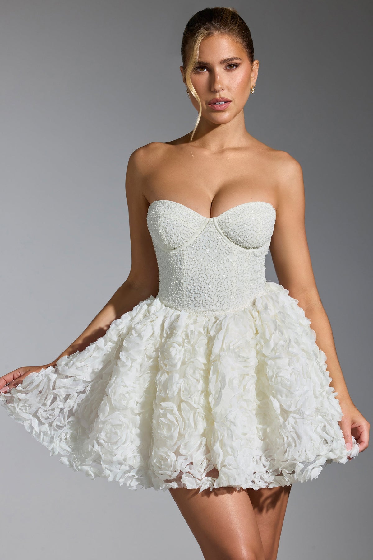 Belavie Evantha Embellished Floral-Appliqué Lace-Up Mini Dress in White