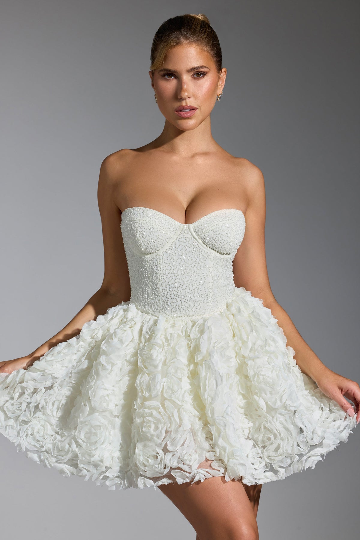 Belavie Evantha Embellished Floral-Appliqué Lace-Up Mini Dress in White