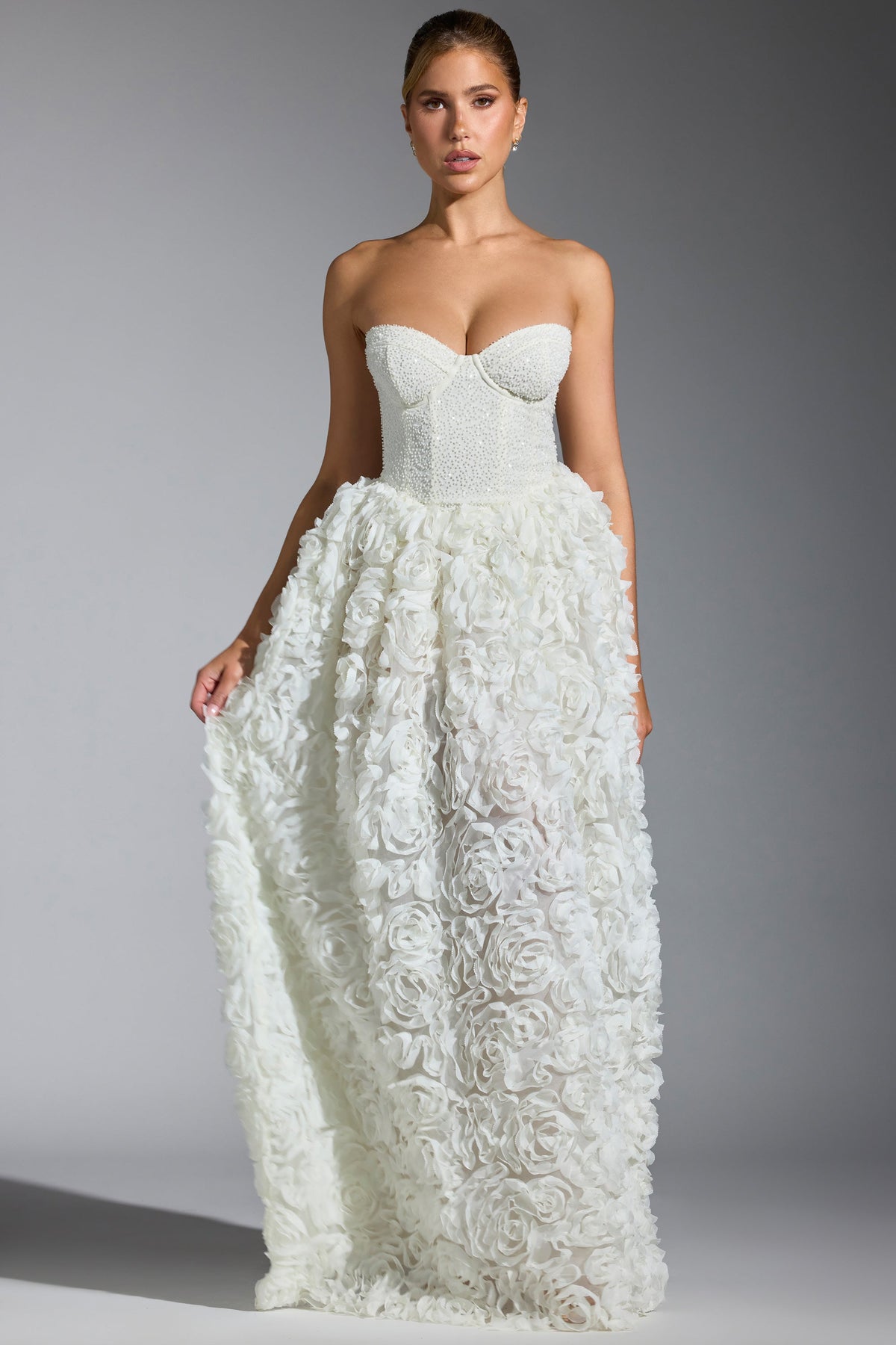 Belavie Camellie Embellished Floral-Appliqué Corset Gown in White