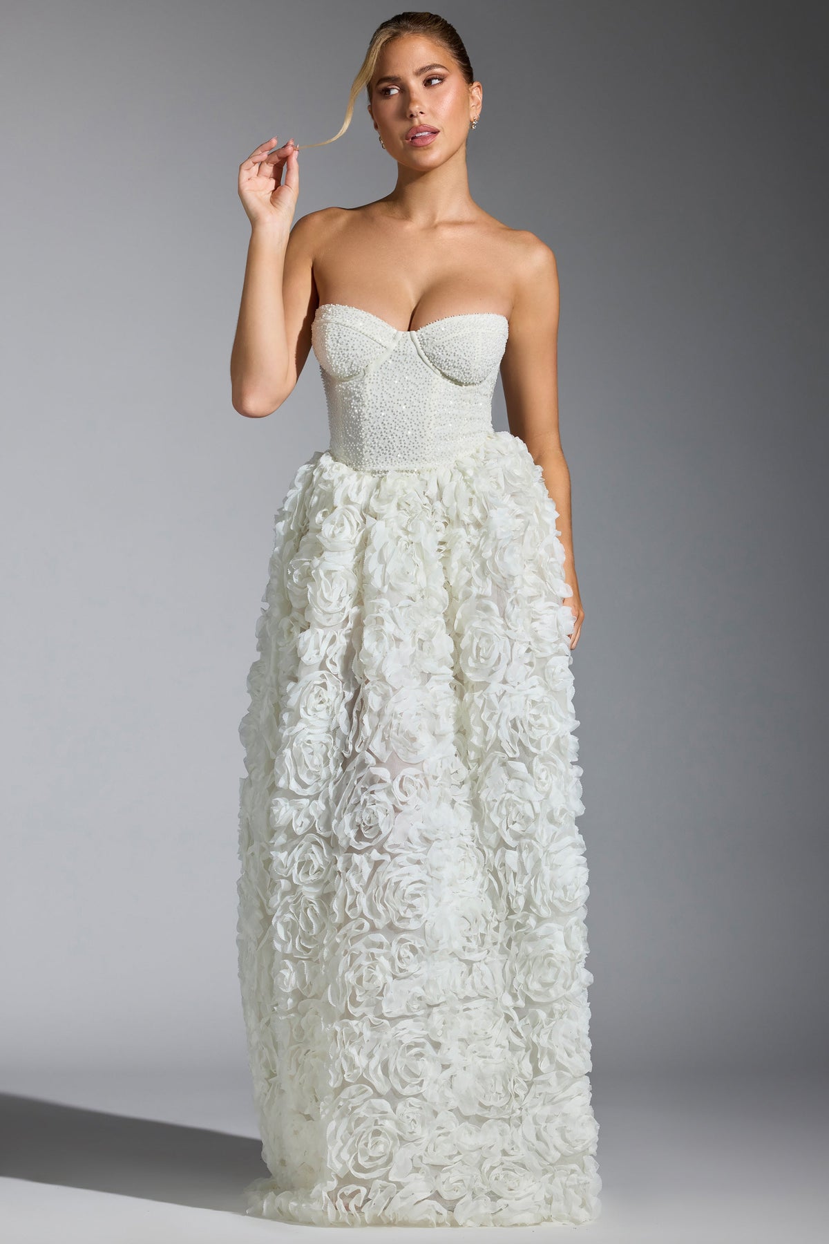 Belavie Camellie Embellished Floral-Appliqué Corset Gown in White