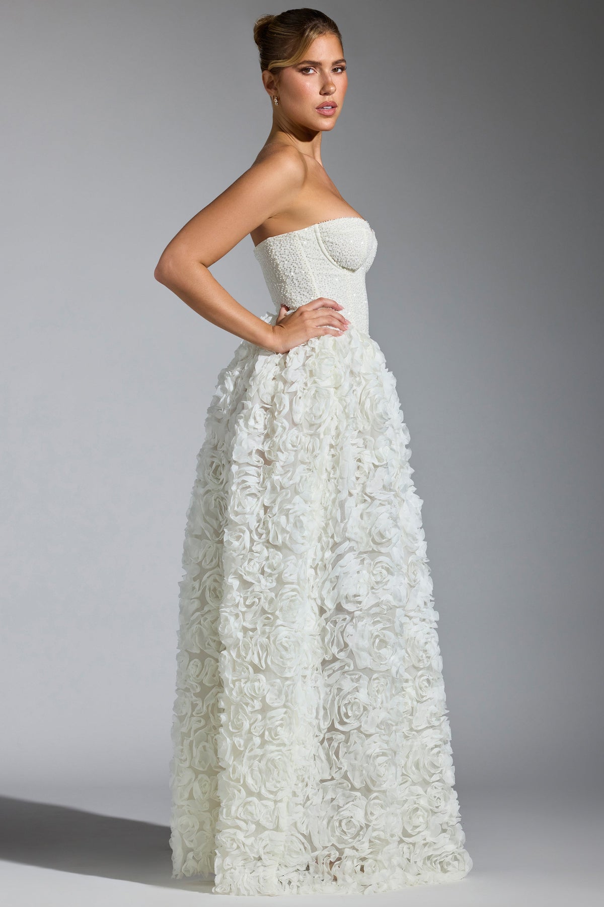Belavie Camellie Embellished Floral-Appliqué Corset Gown in White