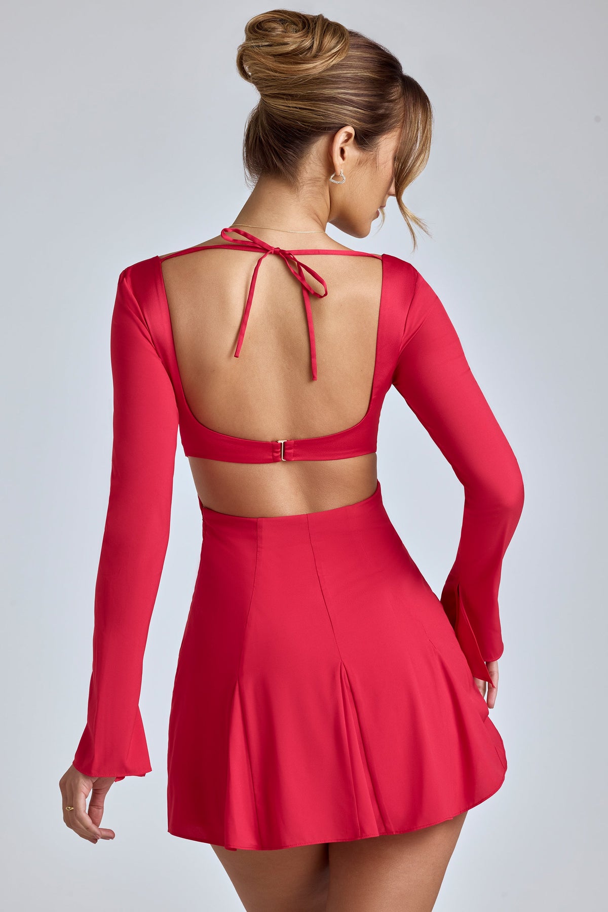 Belavie Leotina Long Sleeve Godet Mini Dress in Cherry Red