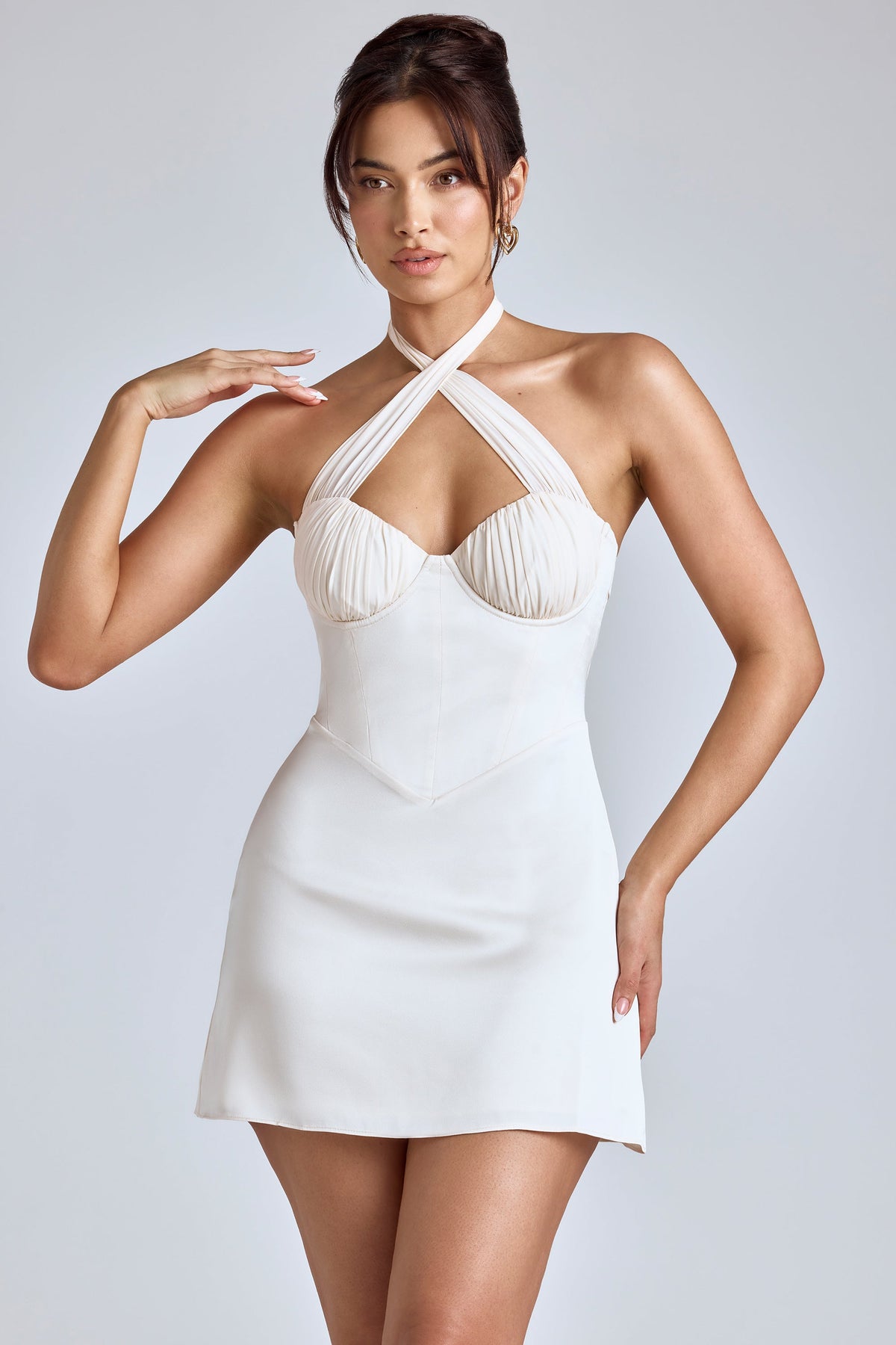 Belavie Lisbath Cross-Neck A-Line Mini Dress in Ivory