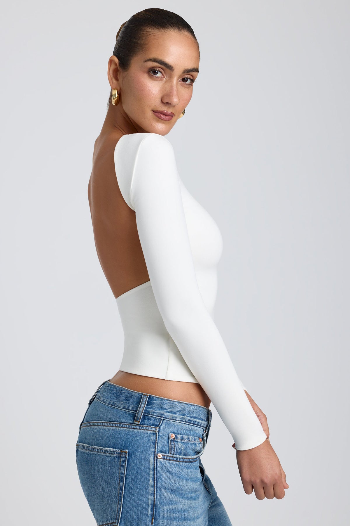 Belavie Elle Modal High Neck Long Sleeve Open Back Top in White